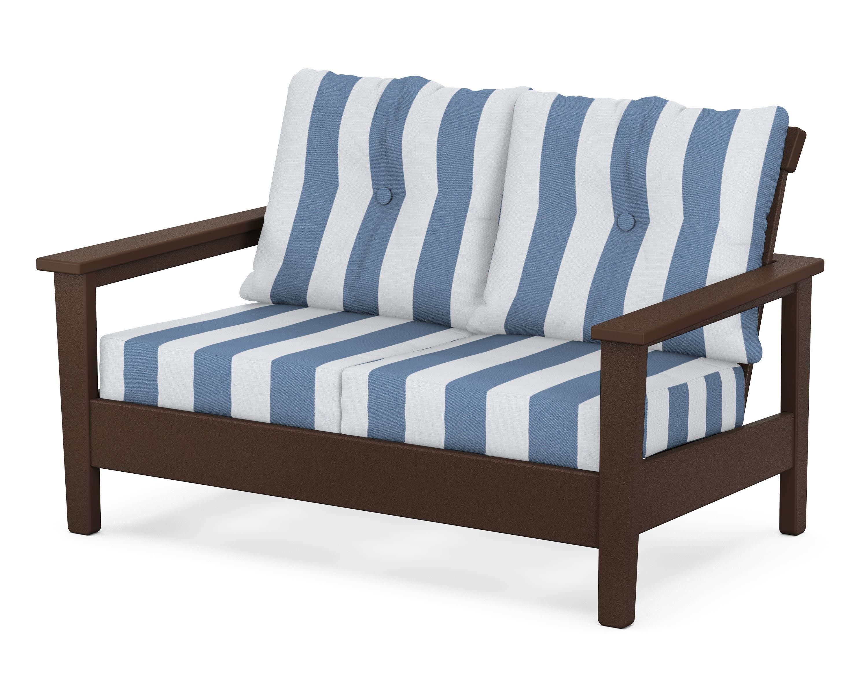 Prescott Deep Seating Loveseat in Mahogany / Cabana Stripe Sky Blue