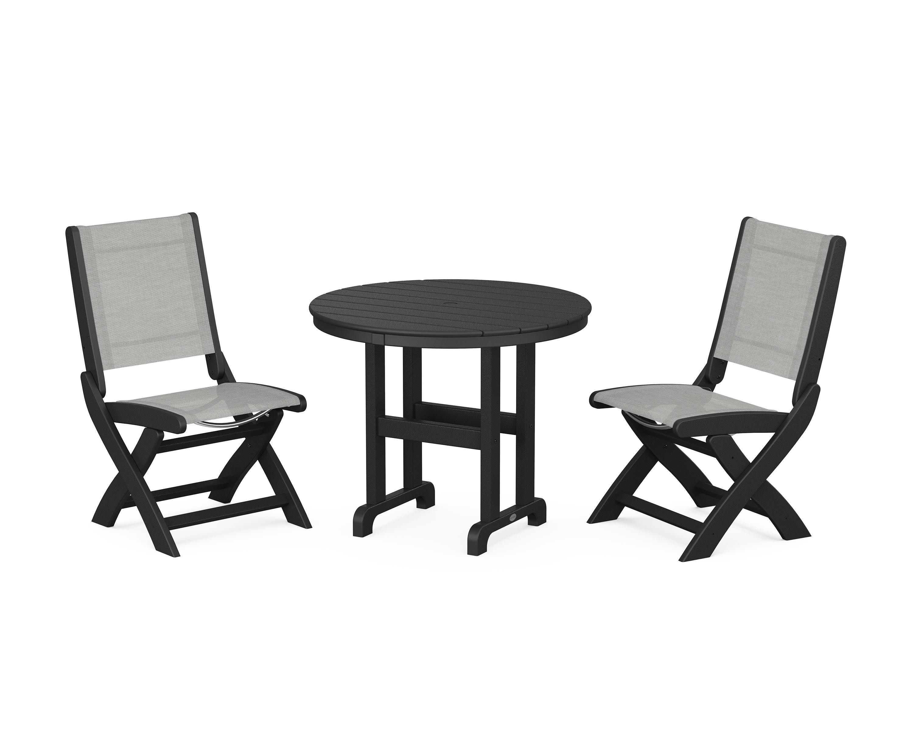 Coastal Folding Side Chair 3-Piece Round Dining Set in Black / Metallic Sling