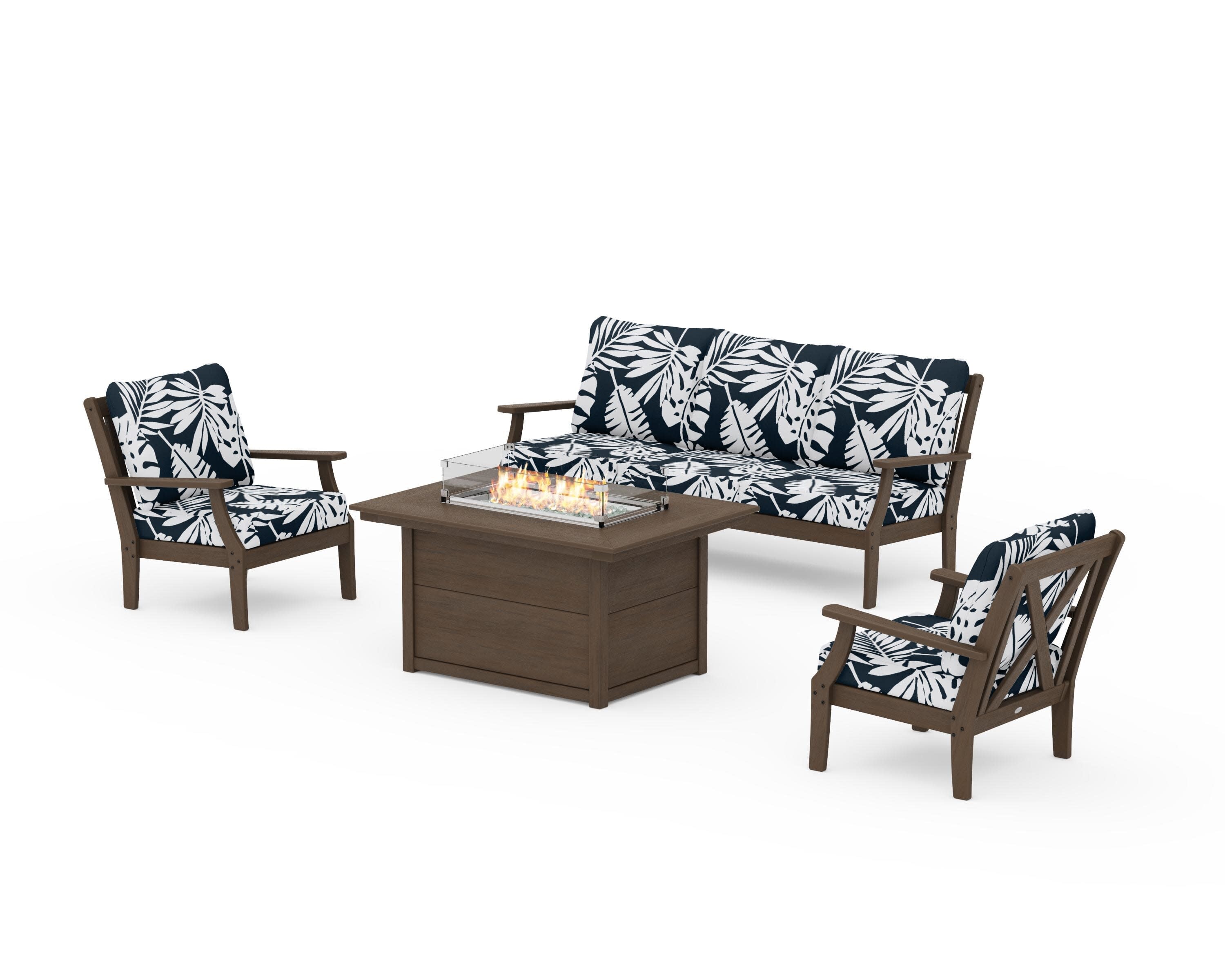 Braxton Deep Seating Fire Pit Table Set in Kona / Leaf Marine Indigo