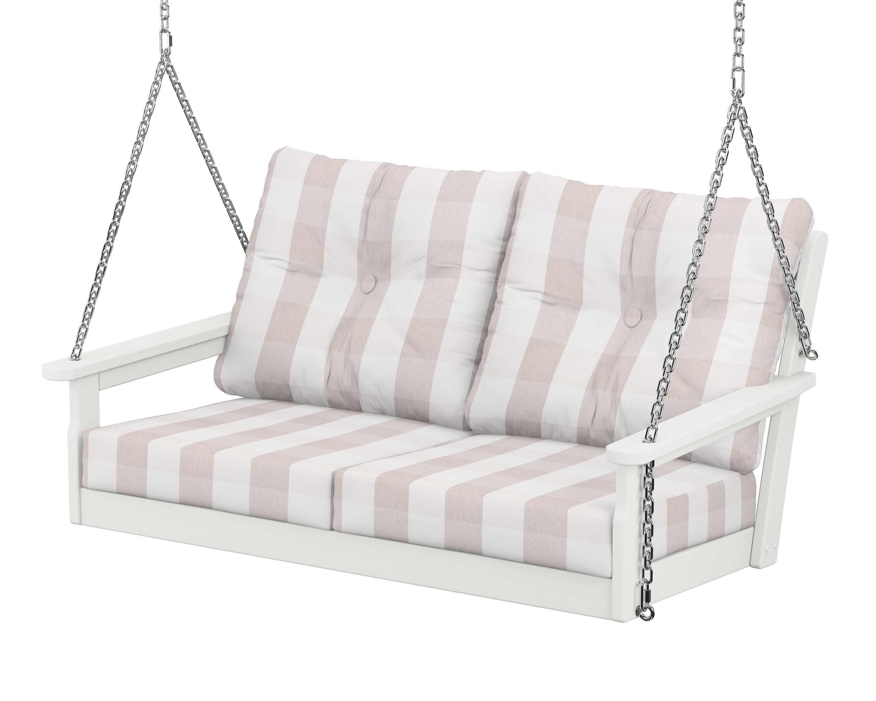 Vineyard Deep Seating Swing in Vintage White / Buffalo Plaid Dune Burlap