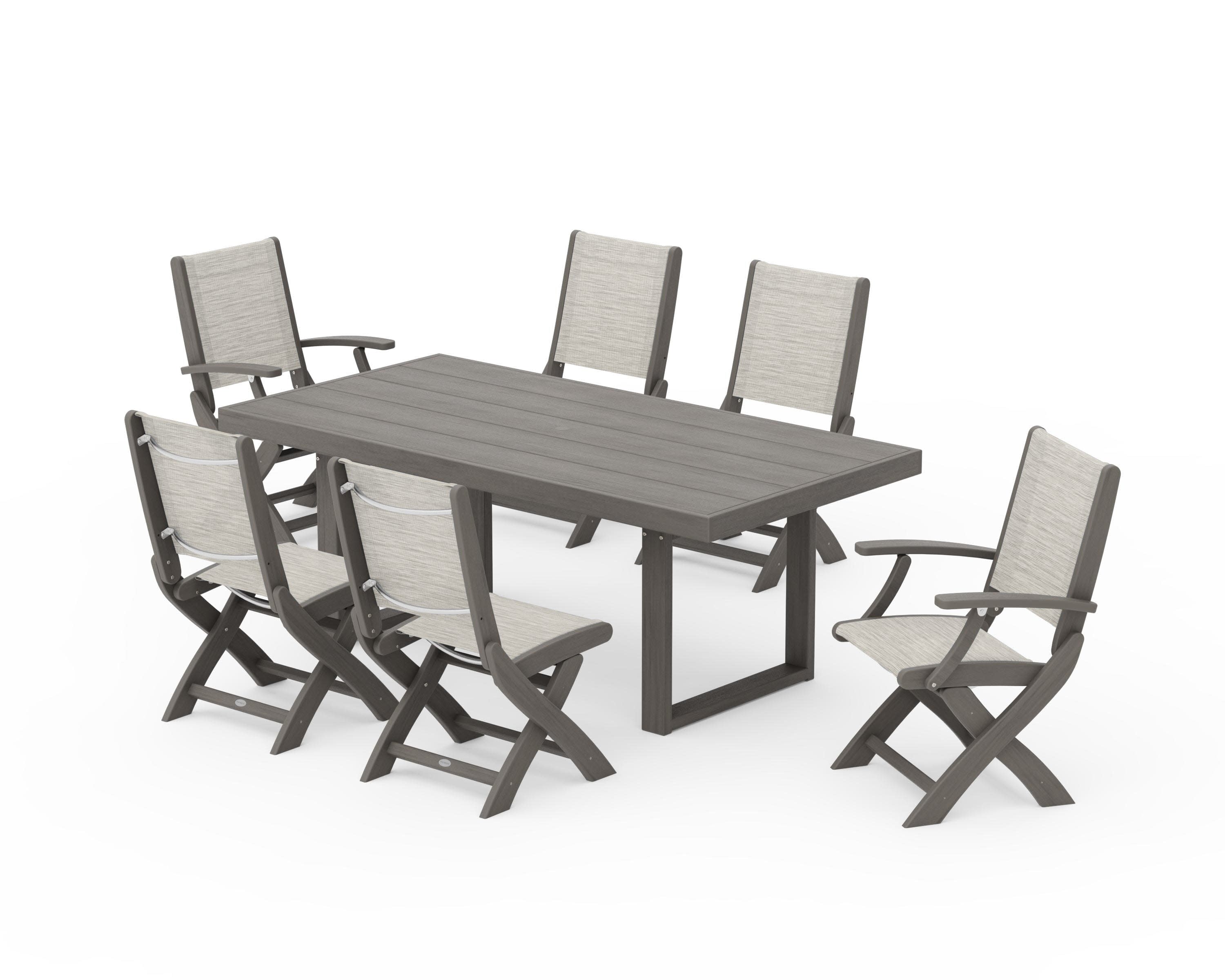 Coastal Folding Chair 7-Piece Dining Set with Trestle Legs in Driftwood / Birch Sling