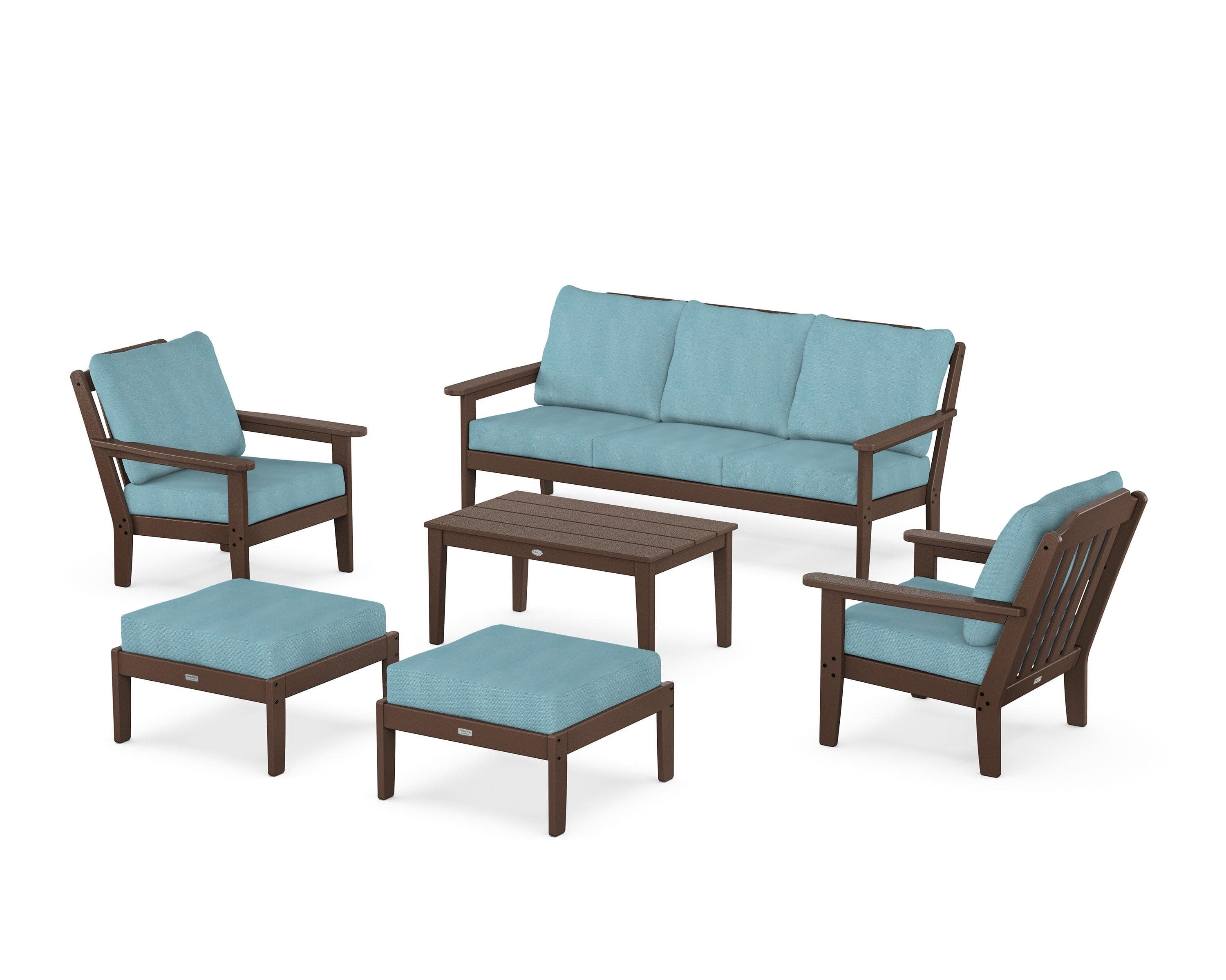 Cottage 6-Piece Lounge Sofa Set in Mahogany / Lattice Sky Blue