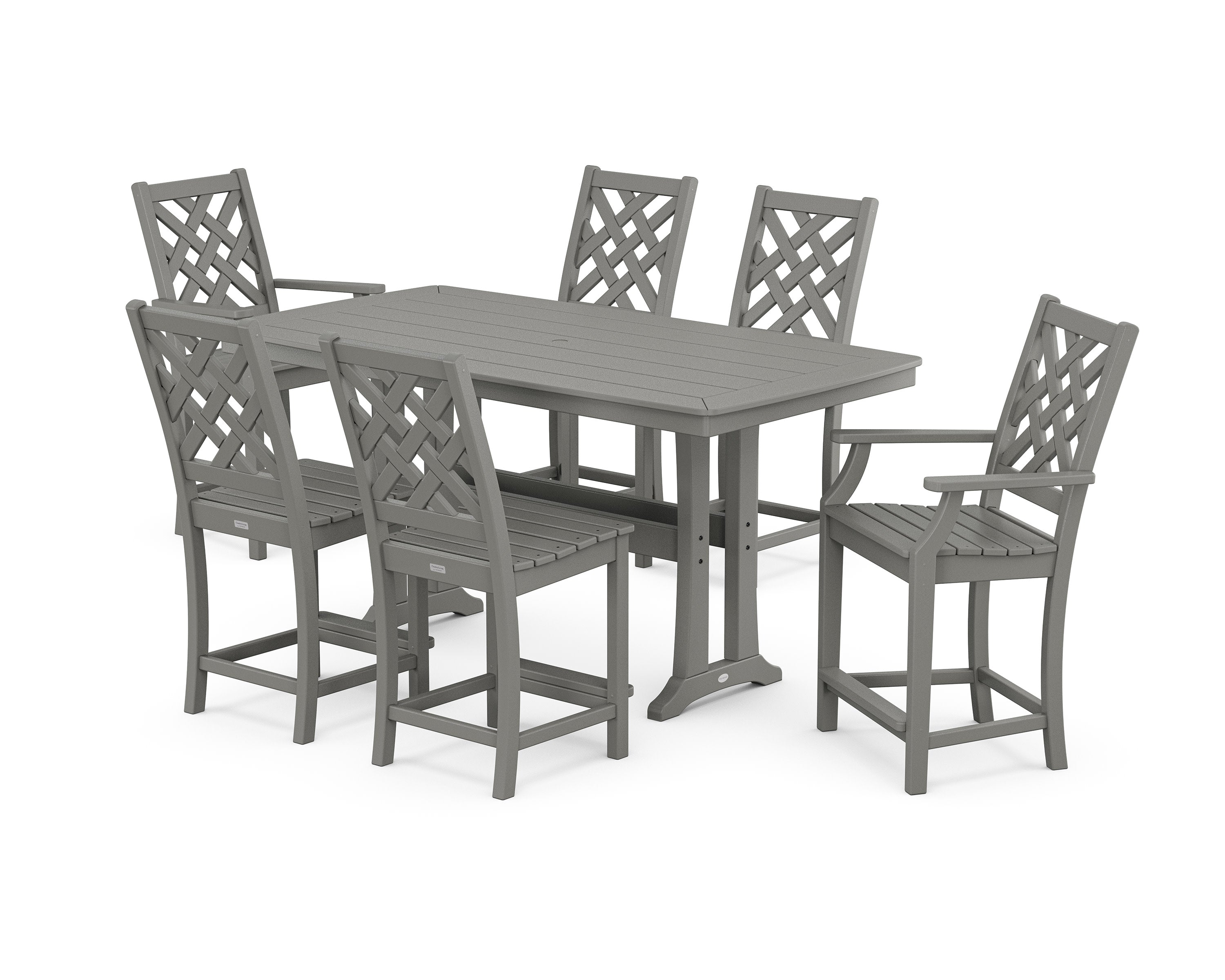 Wovendale 7-Piece Counter Set with Trestle Legs in Slate Grey