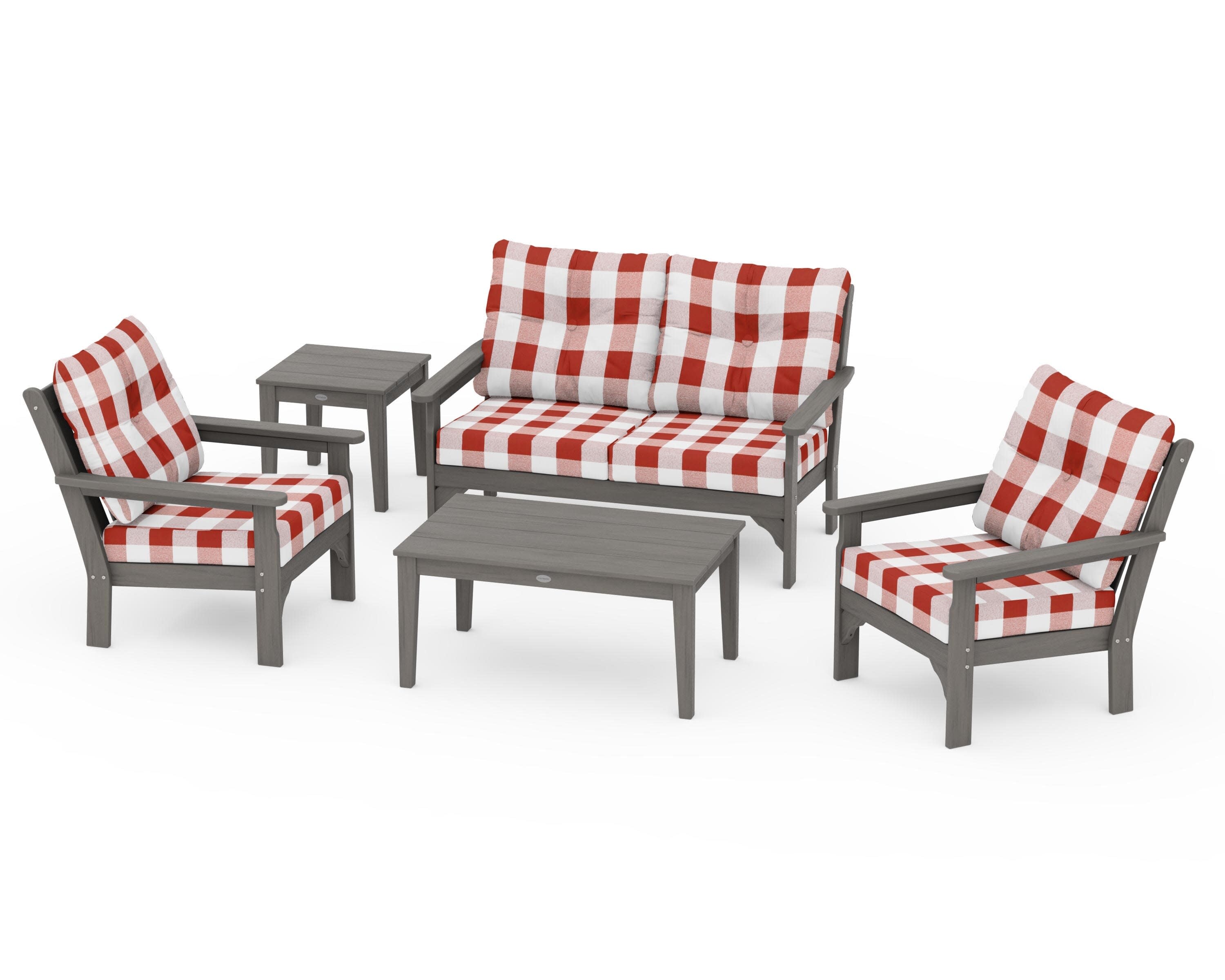Vineyard 5-Piece Deep Seating Set in Driftwood / Buffalo Plaid Crimson