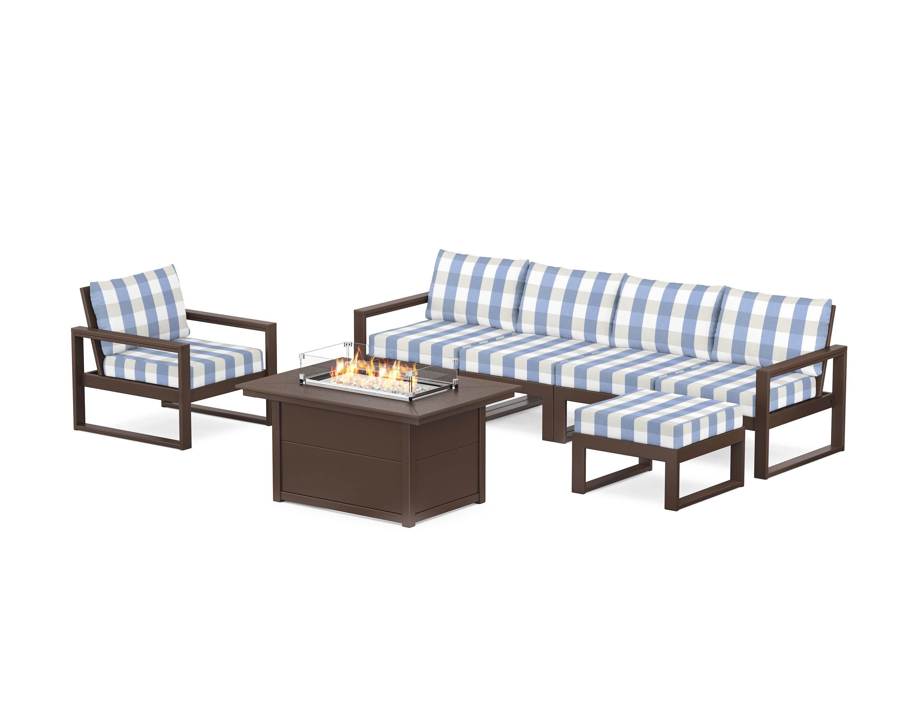 EDGE Sectional Lounge and Fire Pit Set in Mahogany / Buffalo Plaid Sky Blue