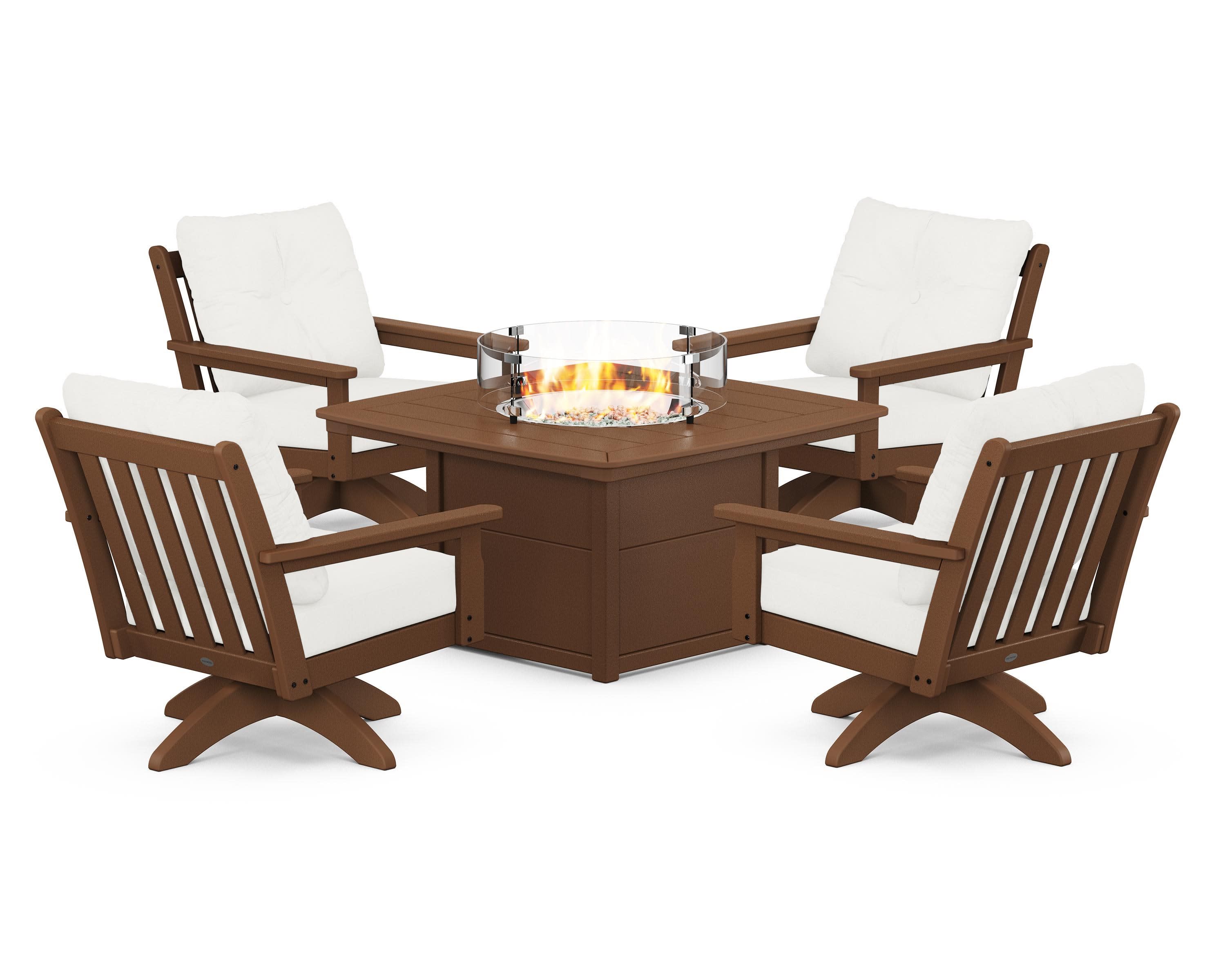 Vineyard 5-Piece Deep Seating Swivel Conversation Set with Fire Pit Table in Teak / Natural Linen