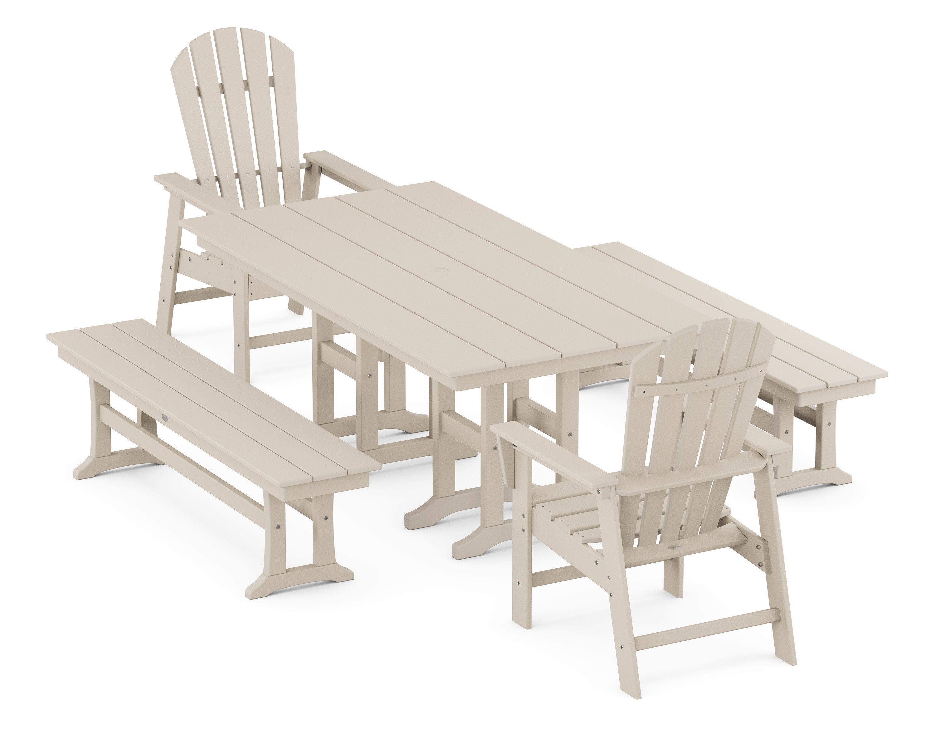 South Beach 5-Piece Farmhouse Dining Set with Benches in Sand