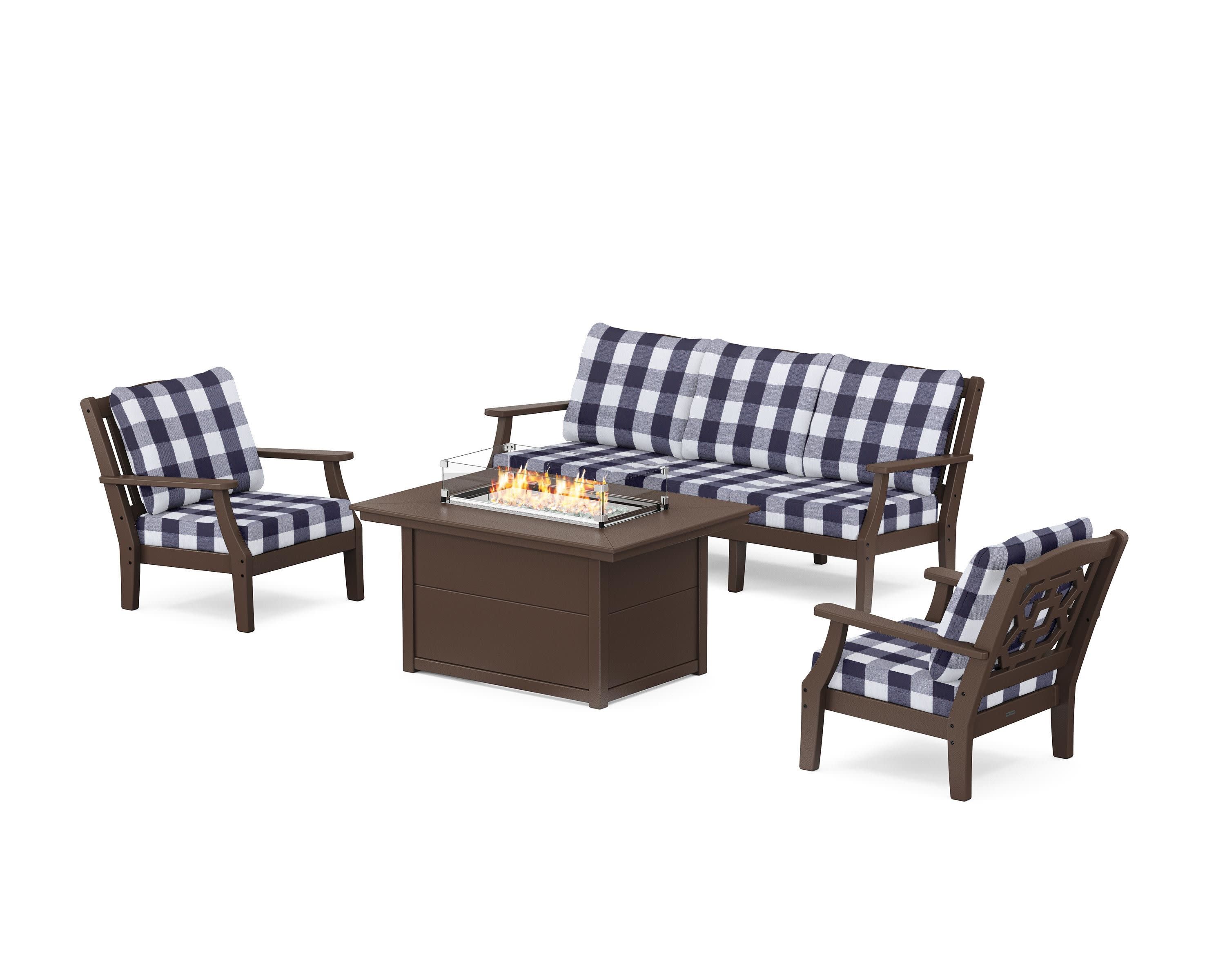 Chinoiserie Deep Seating Fire Pit Table Set in Mahogany / Buffalo Plaid Navy