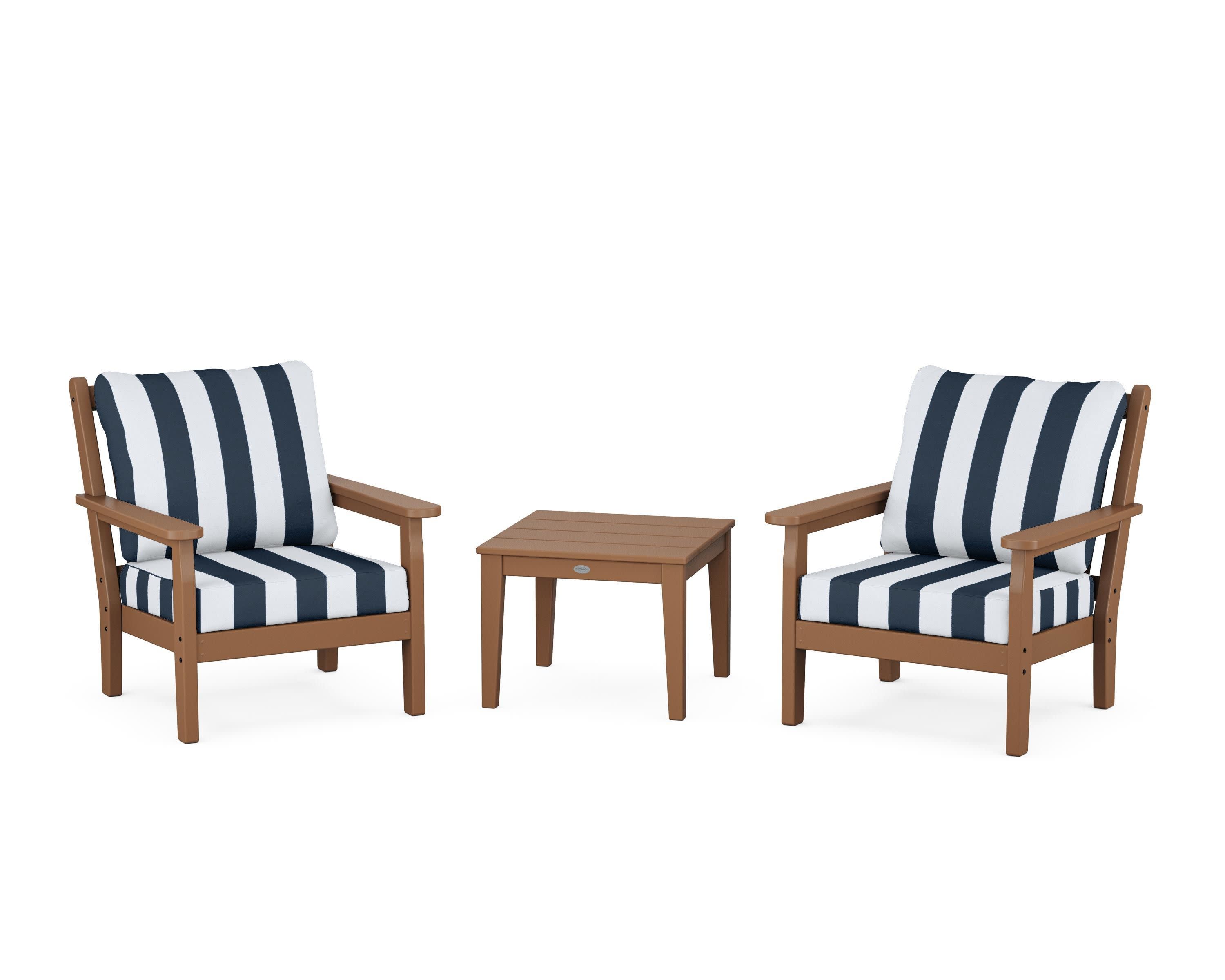 Chippendale 3-Piece Deep Seating Set in Teak / Cabana Stripe Marine Indigo