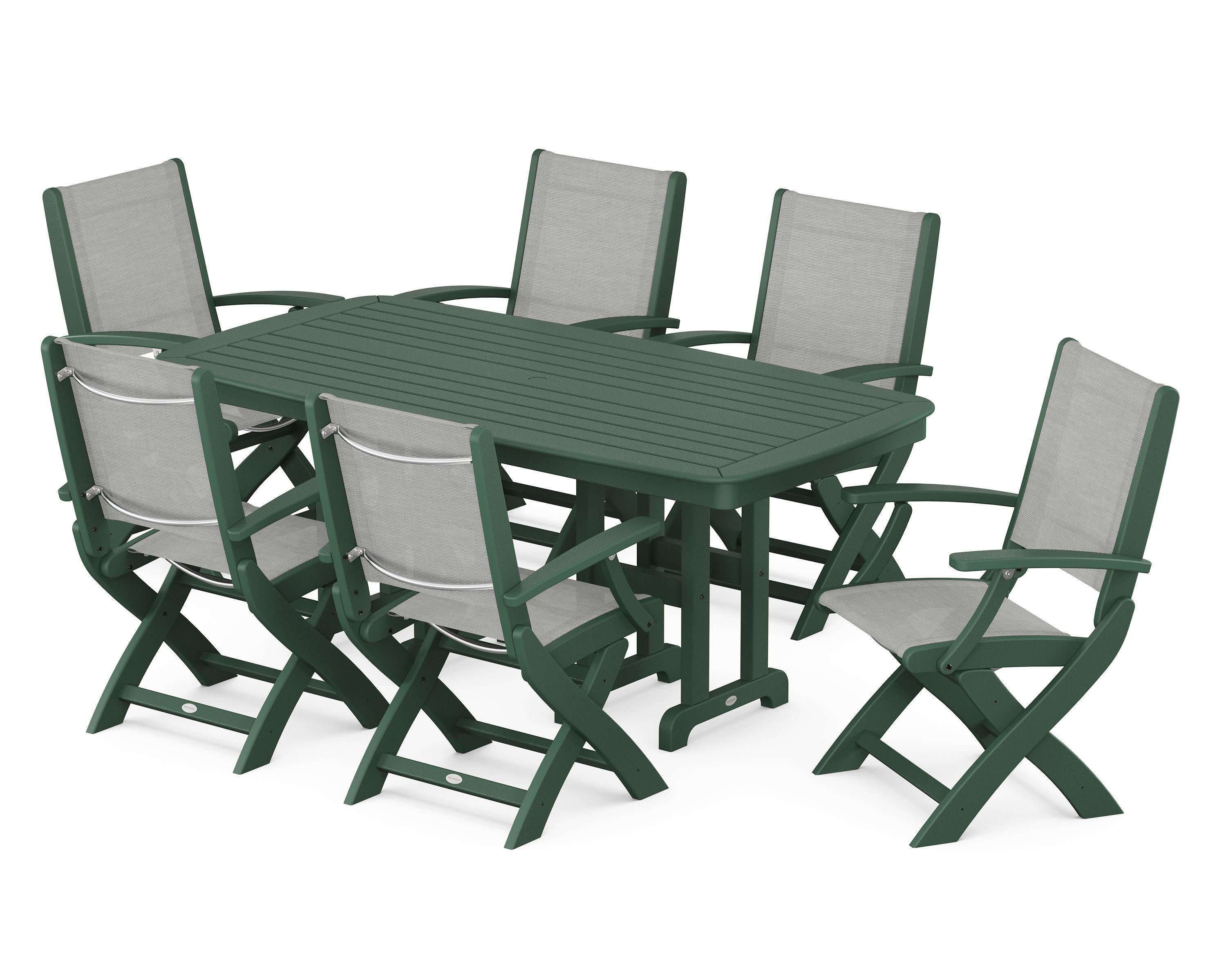 Coastal Folding Arm Chair 7-Piece Dining Set in Green / Metallic Sling