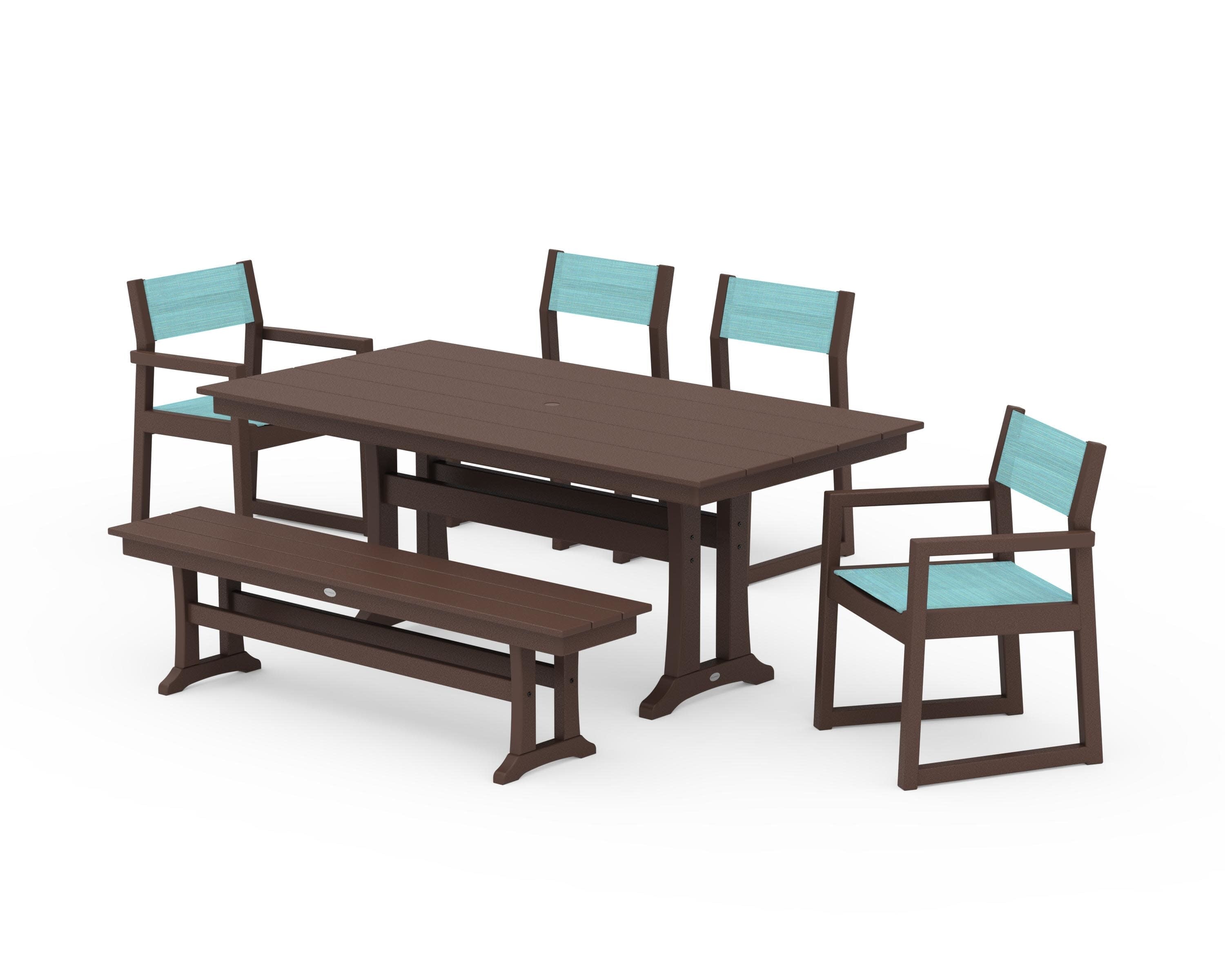 EDGE Sling 6-Piece Farmhouse Dining Set With Trestle Legs in Mahogany / Dupioni Aquamarine Sling