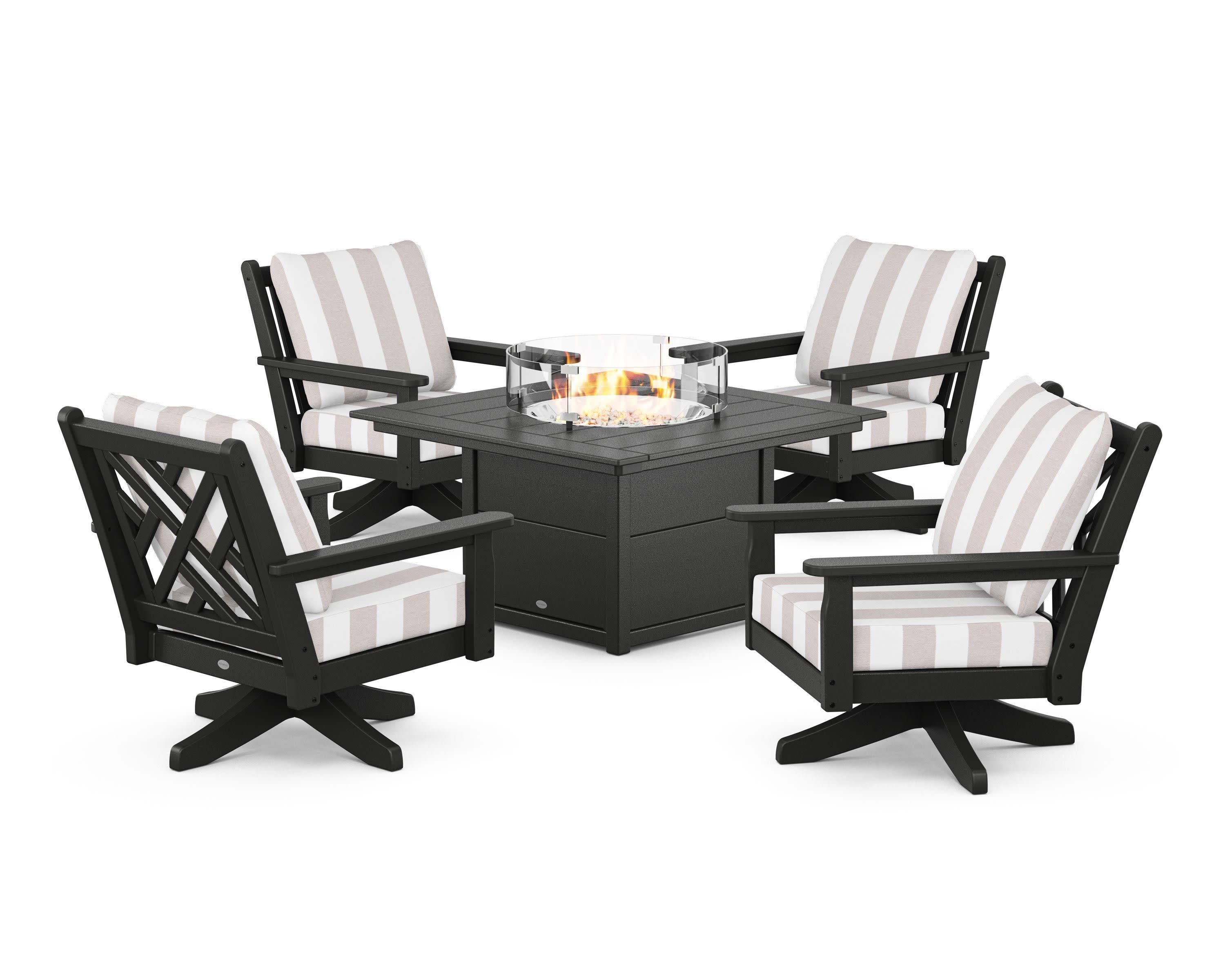 Chippendale 5-Piece Deep Seating Swivel Conversation Set with Fire Pit Table in Black / Cabana Stripe Dune Burlap