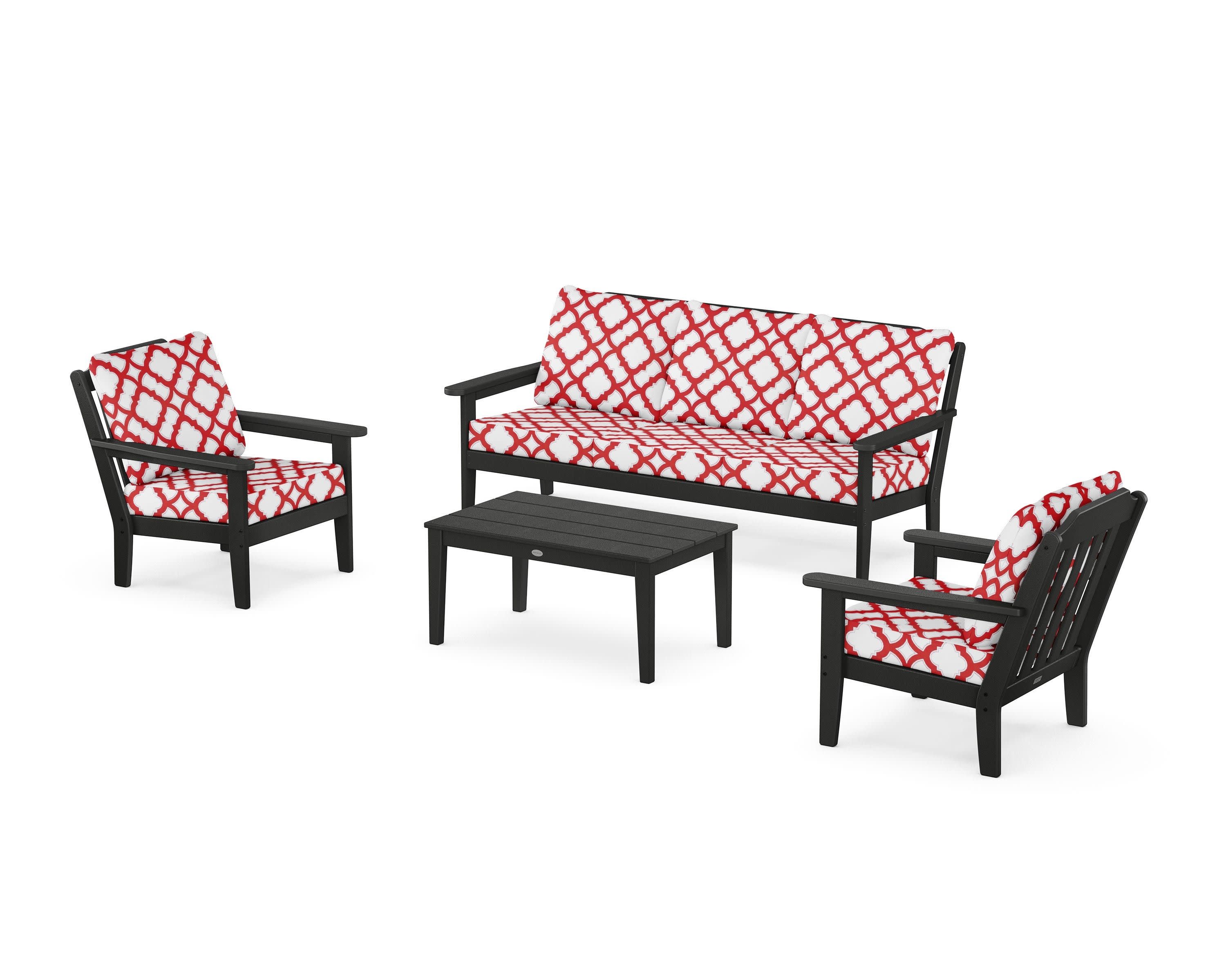 Cottage 4-Piece Deep Seating Set with Sofa in Black / Trellis Crimson