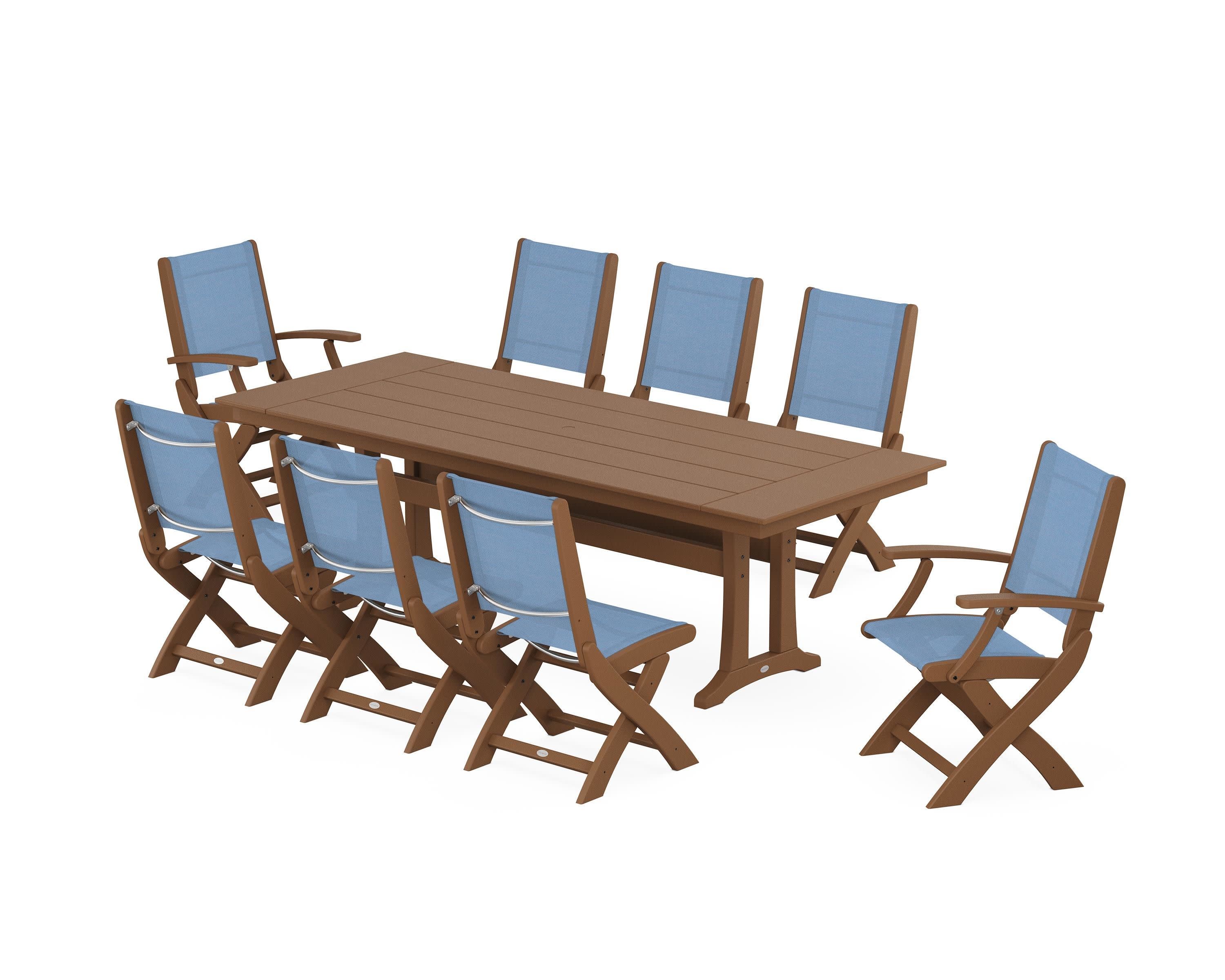 Coastal 9-Piece Folding Dining Chair Farmhouse Dining Set with Trestle Legs in Teak / Poolside Sling