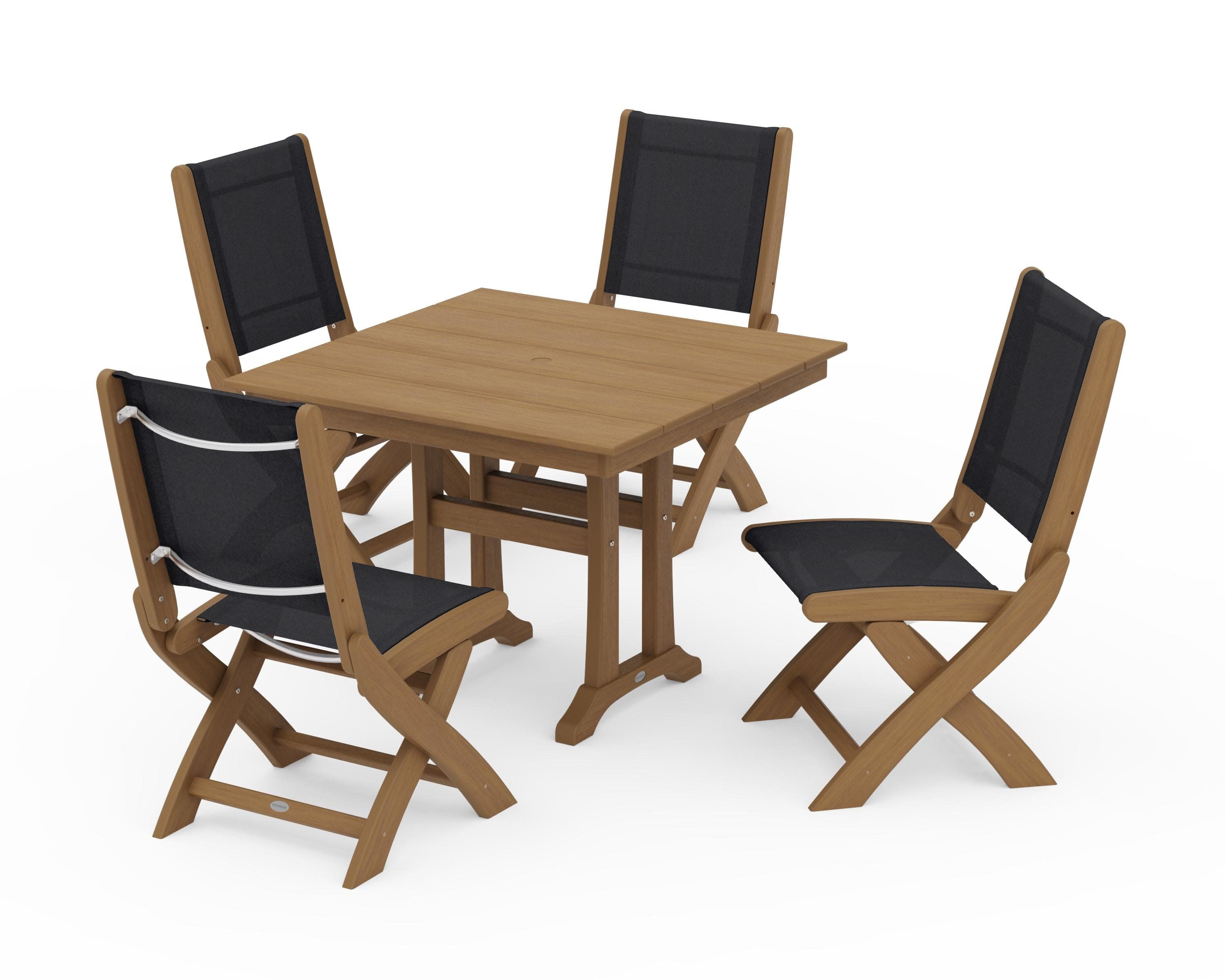 Coastal Folding Side Chair 5-Piece Farmhouse Dining Set With Trestle Legs in Natural / Black Sling