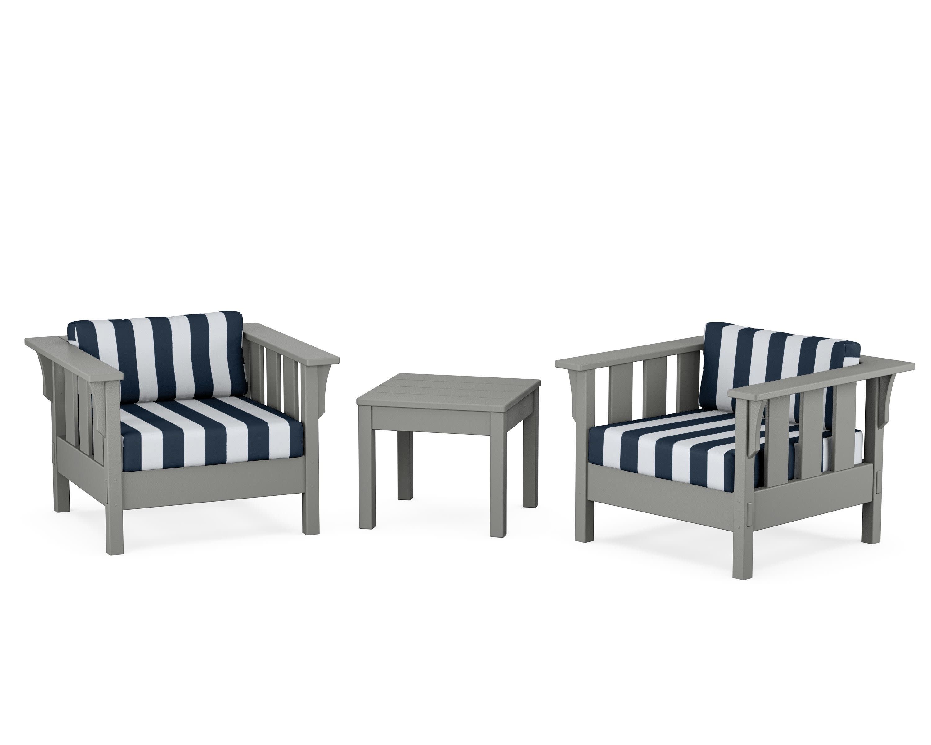 Acadia 3-Piece Deep Seating Set in Slate Grey / Cabana Stripe Marine Indigo