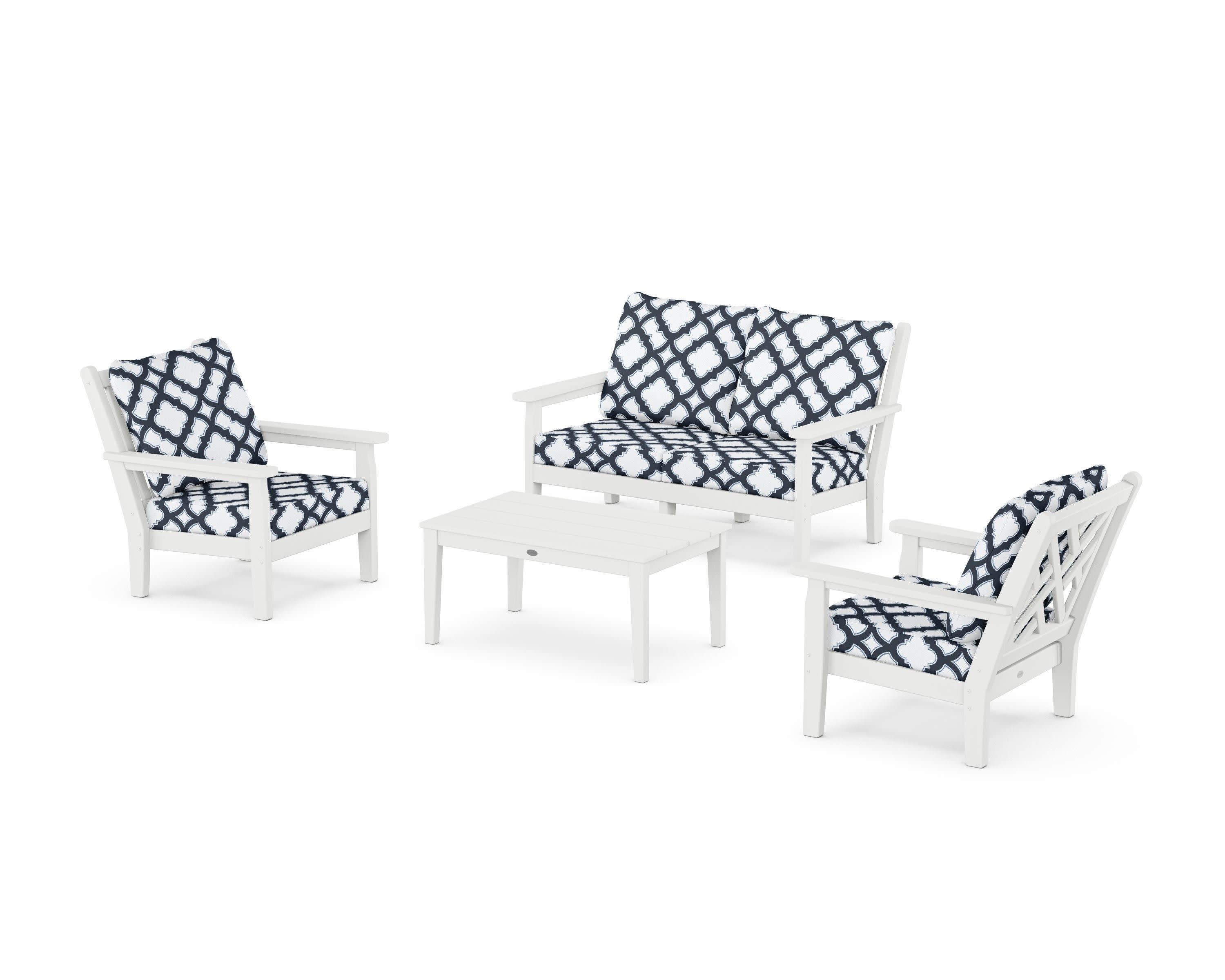 Chippendale 4-Piece Deep Seating Set with Loveseat in White / Trellis Marine Indigo
