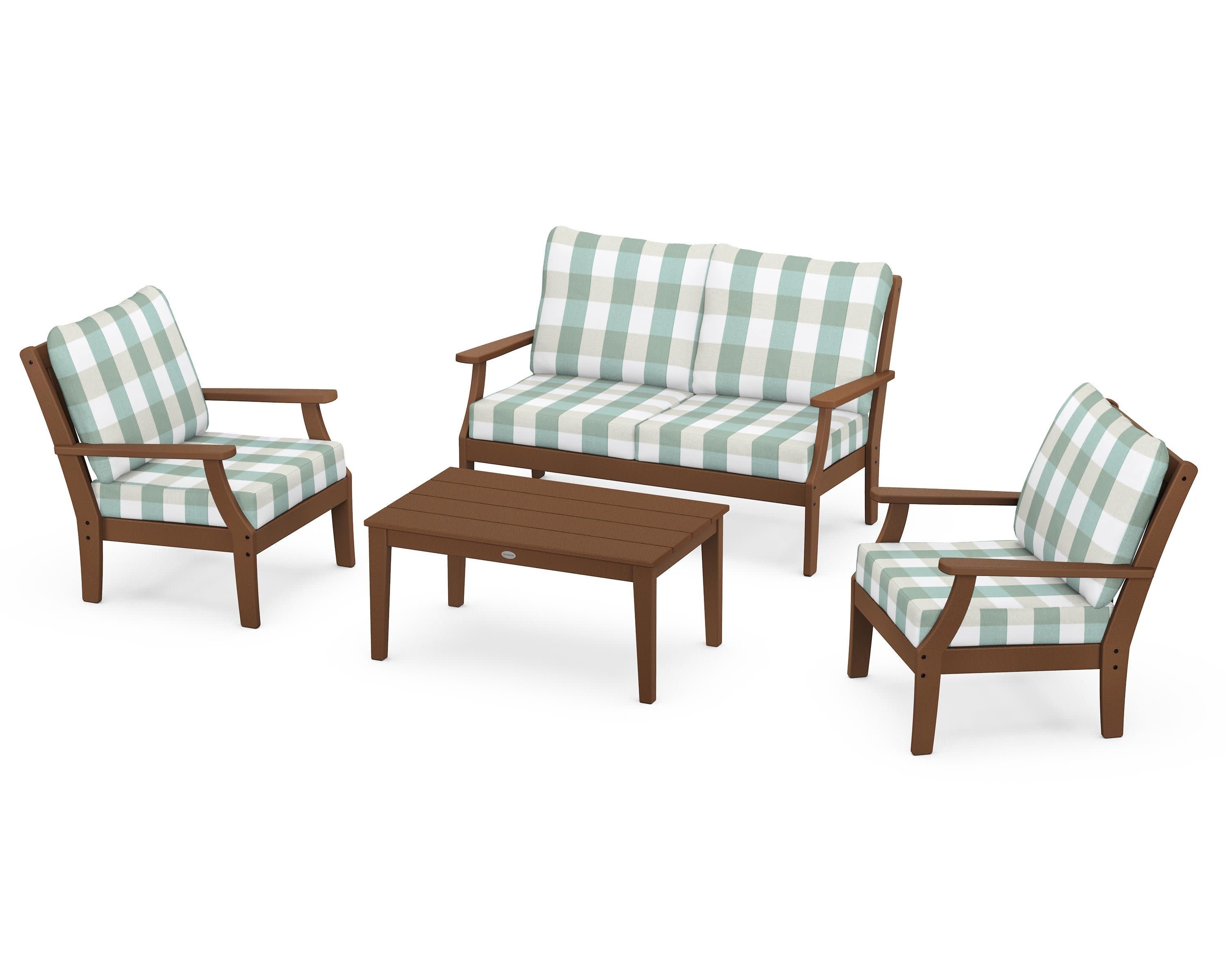 Braxton 4-Piece Deep Seating Chair Set in Teak / Buffalo Plaid Glacier Spa