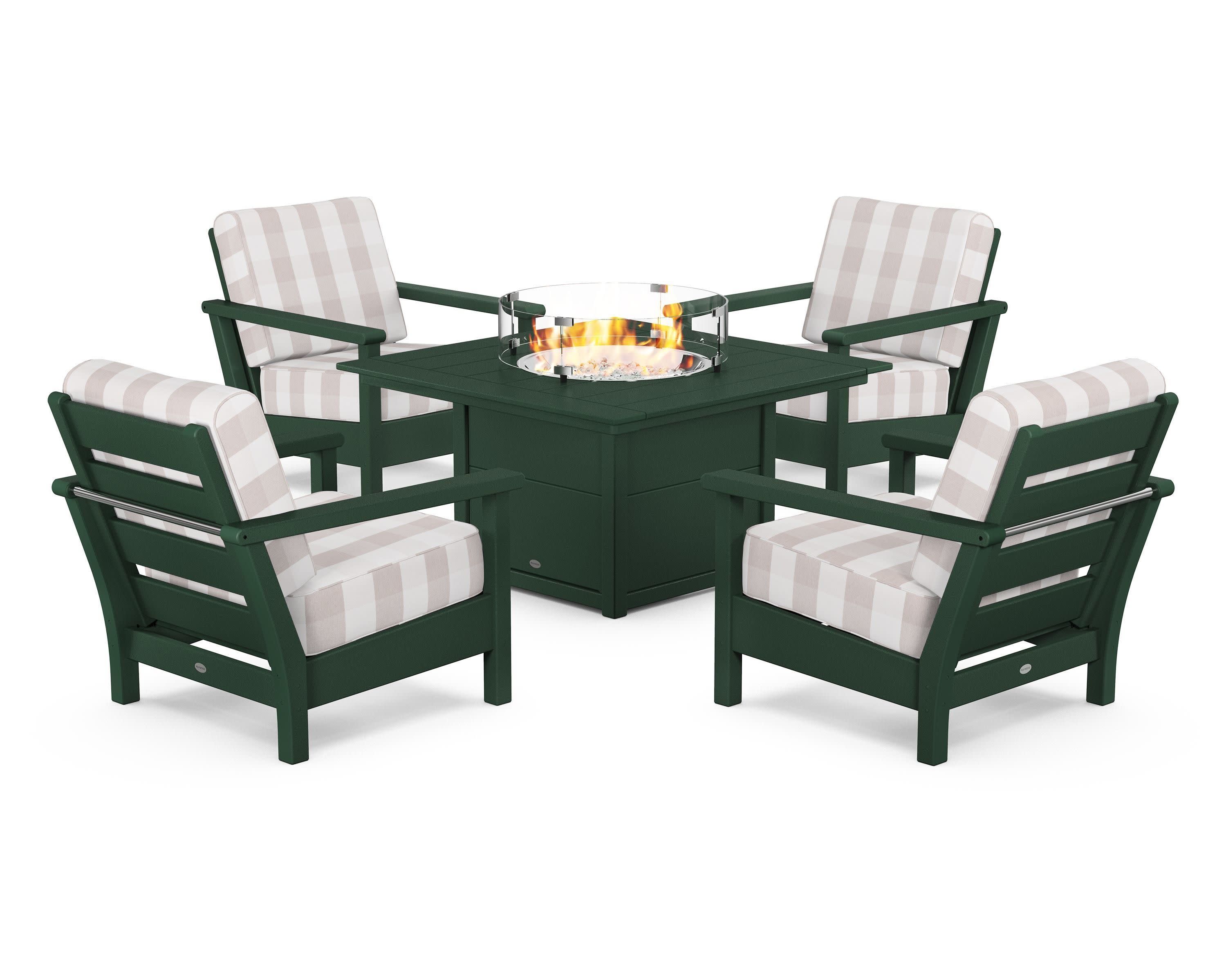 Harbour 5-Piece Conversation Set with Fire Pit Table in Green / Buffalo Plaid Dune Burlap