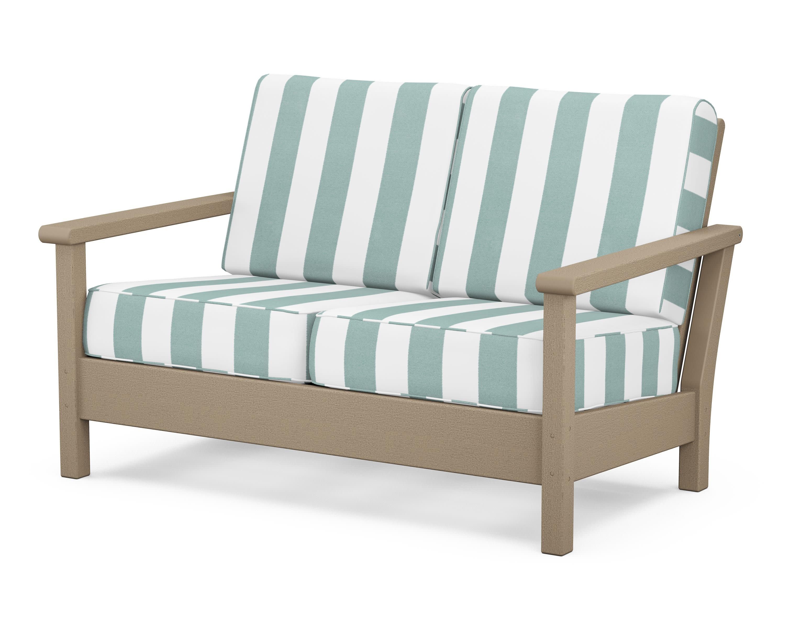 Harbour Deep Seating Loveseat in Vintage Sahara / Cabana Stripe Glacier Spa