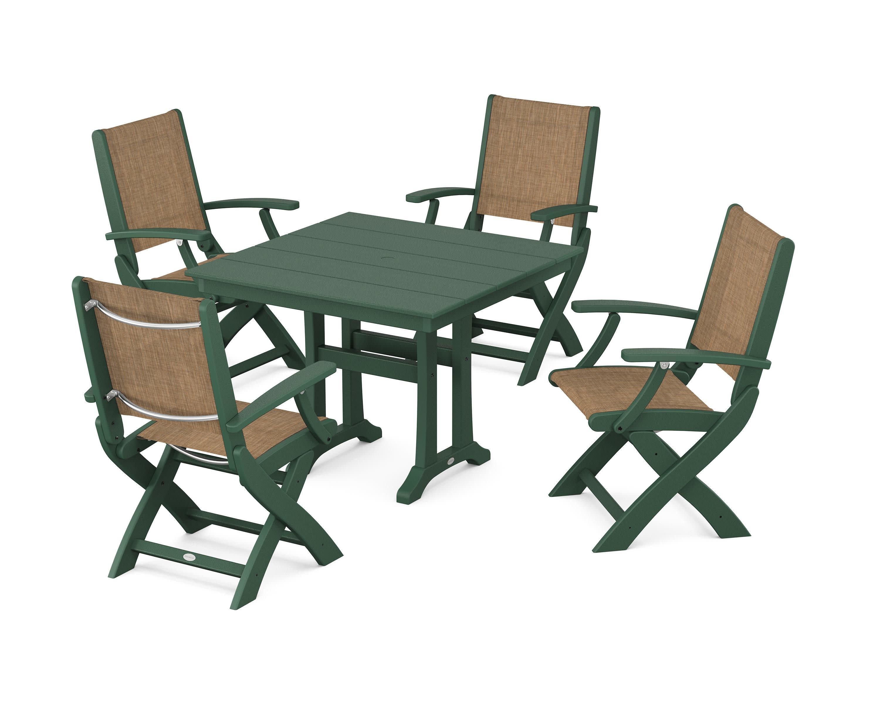 Coastal Folding Chair 5-Piece Farmhouse Dining Set With Trestle Legs in Green / Burlap Sling