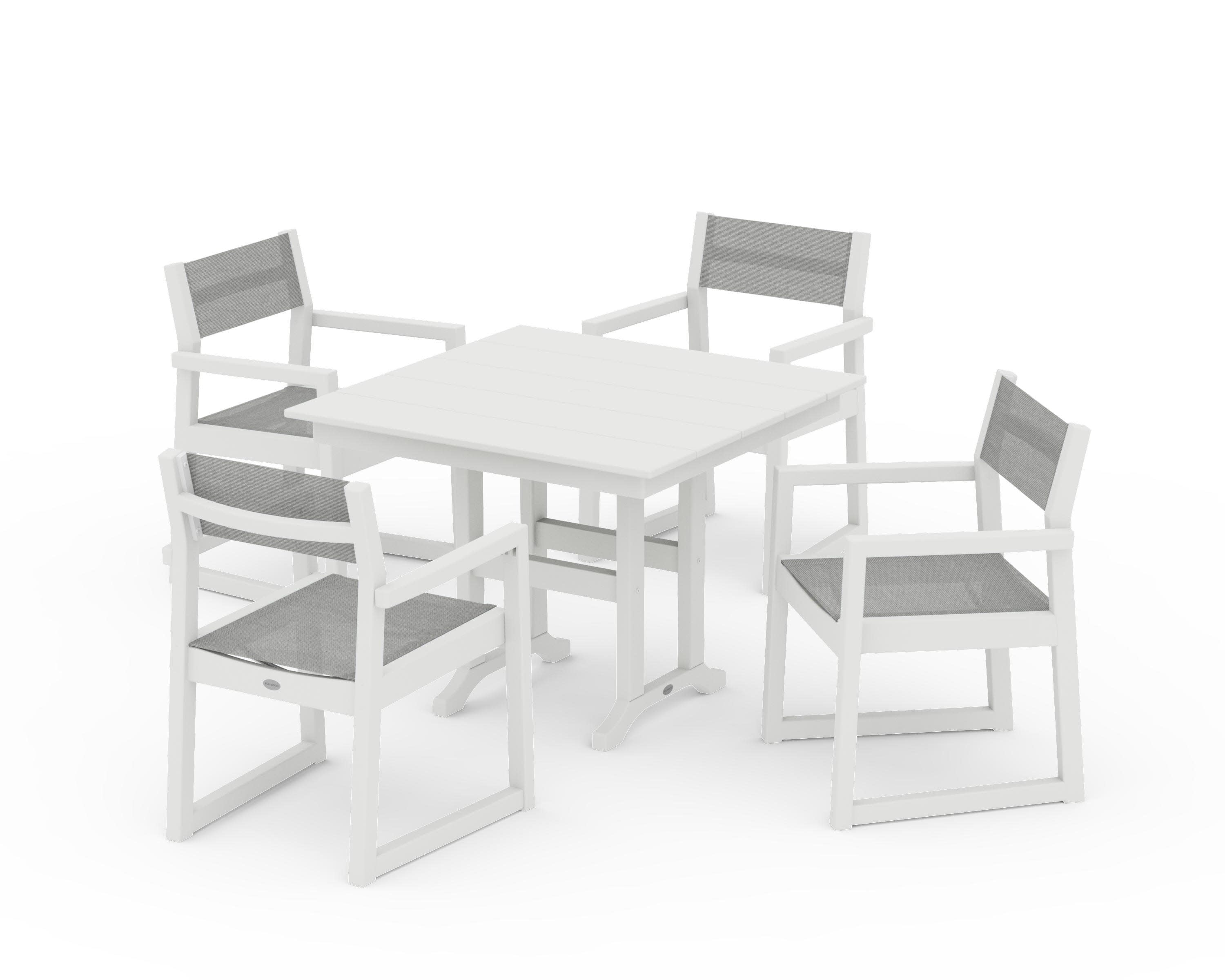 EDGE Sling Arm Chair 5-Piece Farmhouse Dining Set in Vintage White / Metallic Sling