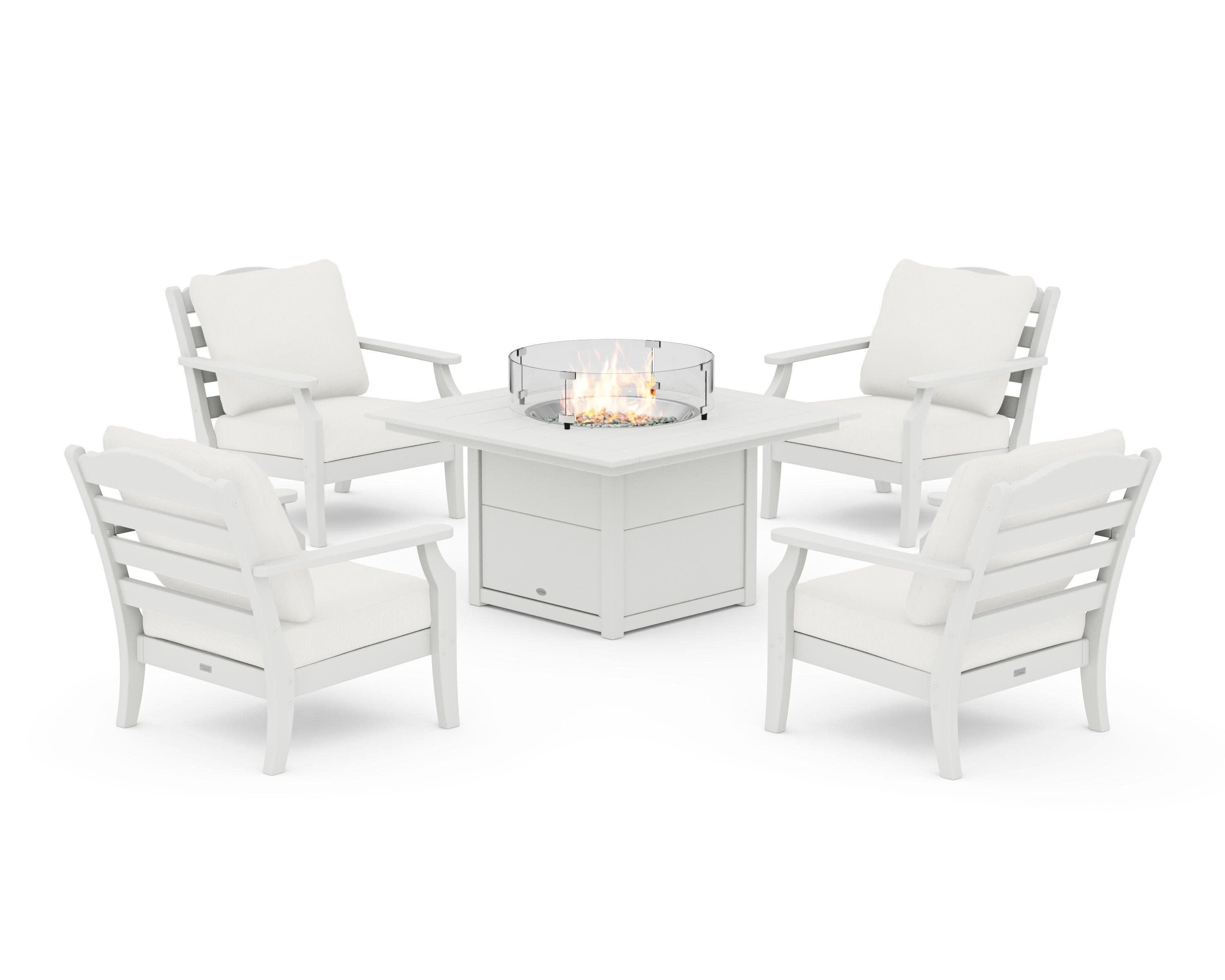 Savannah 5-Piece Deep Seating Set with Fire Pit Table in Vintage White / Natural Linen