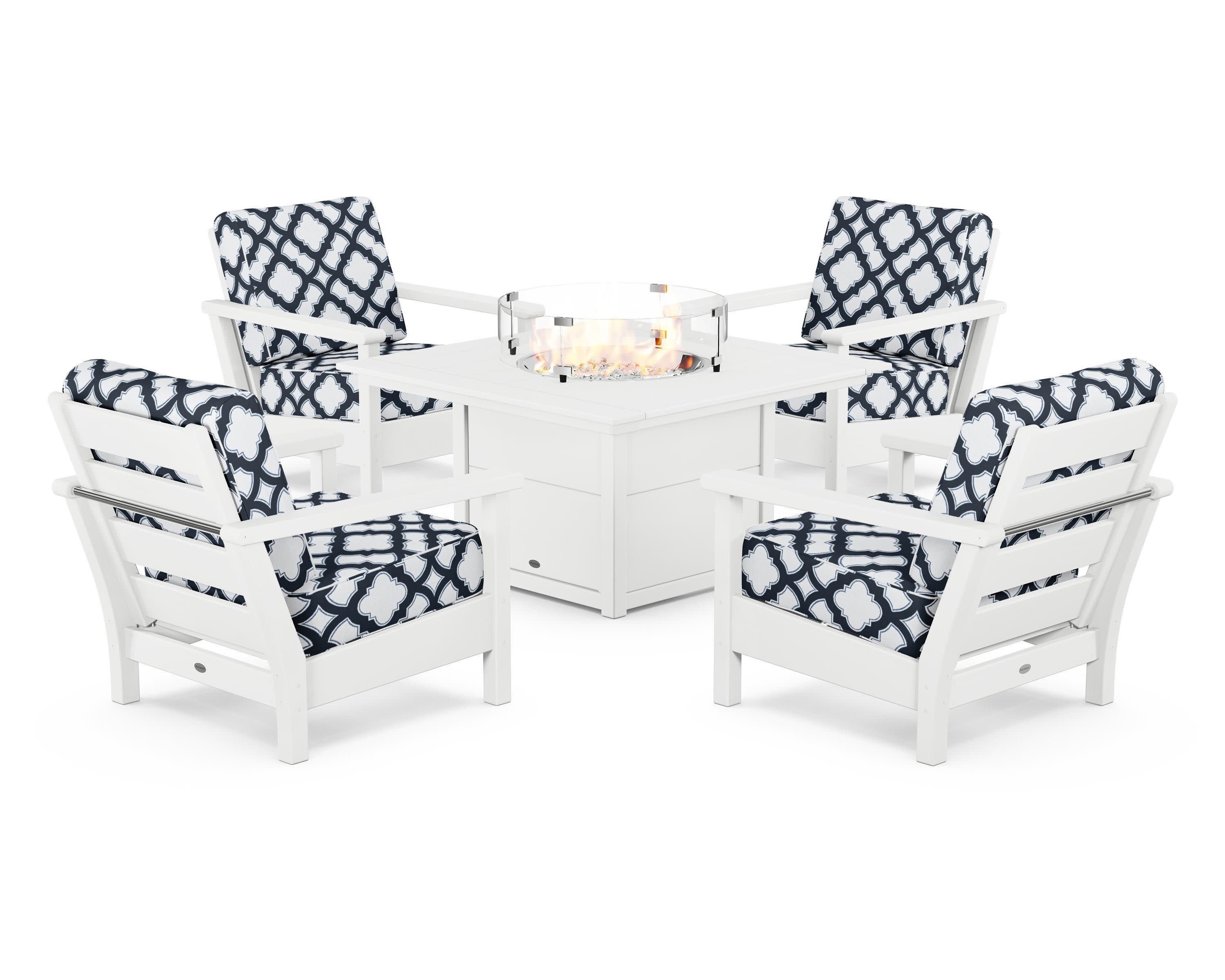 Harbour 5-Piece Conversation Set with Fire Pit Table in White / Trellis Marine Indigo