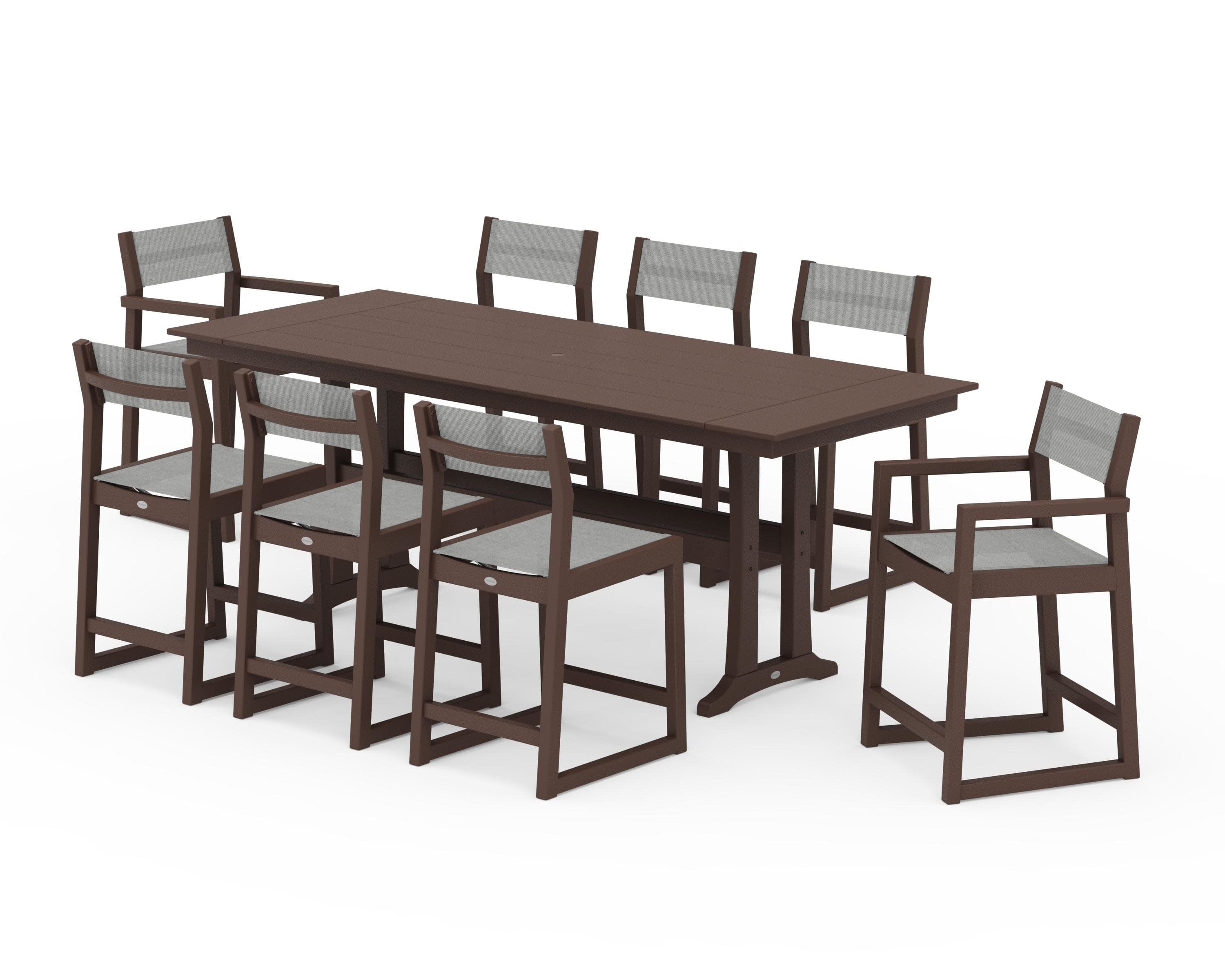 EDGE Sling 9-Piece Farmhouse Counter Set with Trestle Legs in Mahogany / Metallic Sling