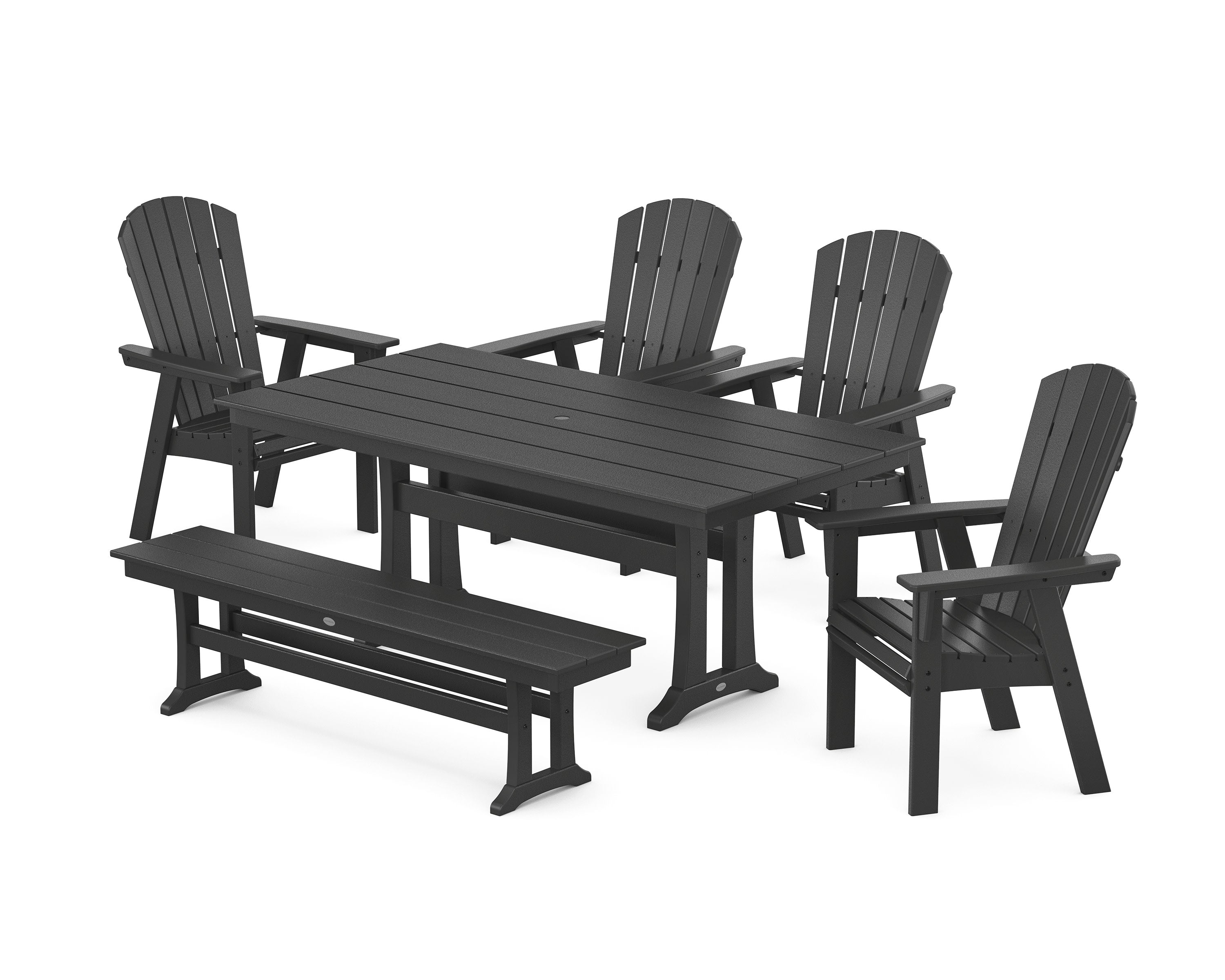Nautical Curveback Adirondack 6-Piece Farmhouse Dining Set with Trestle Legs and Bench in Black