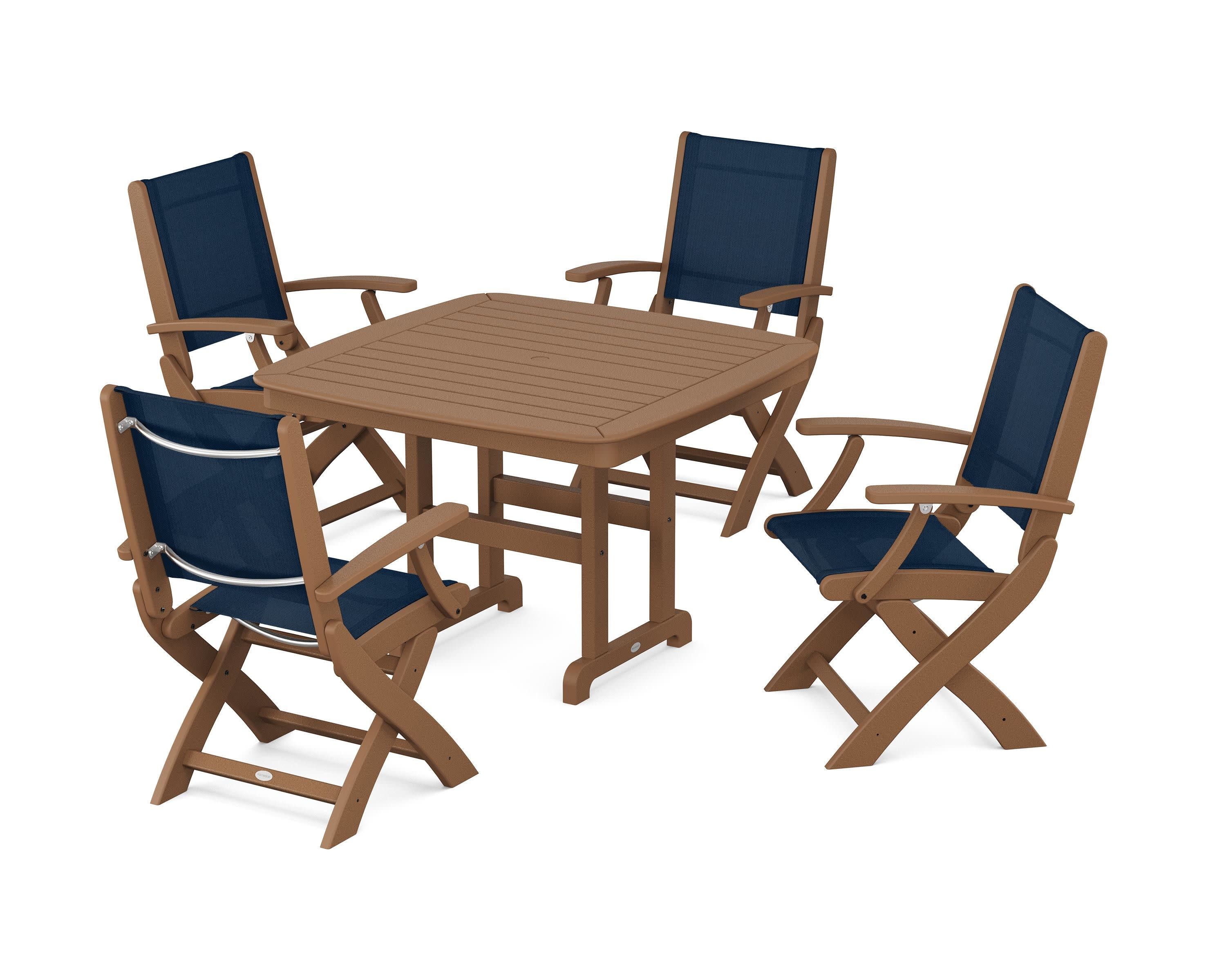 Coastal Folding Chair 5-Piece Dining Set in Teak / Navy Blue Sling