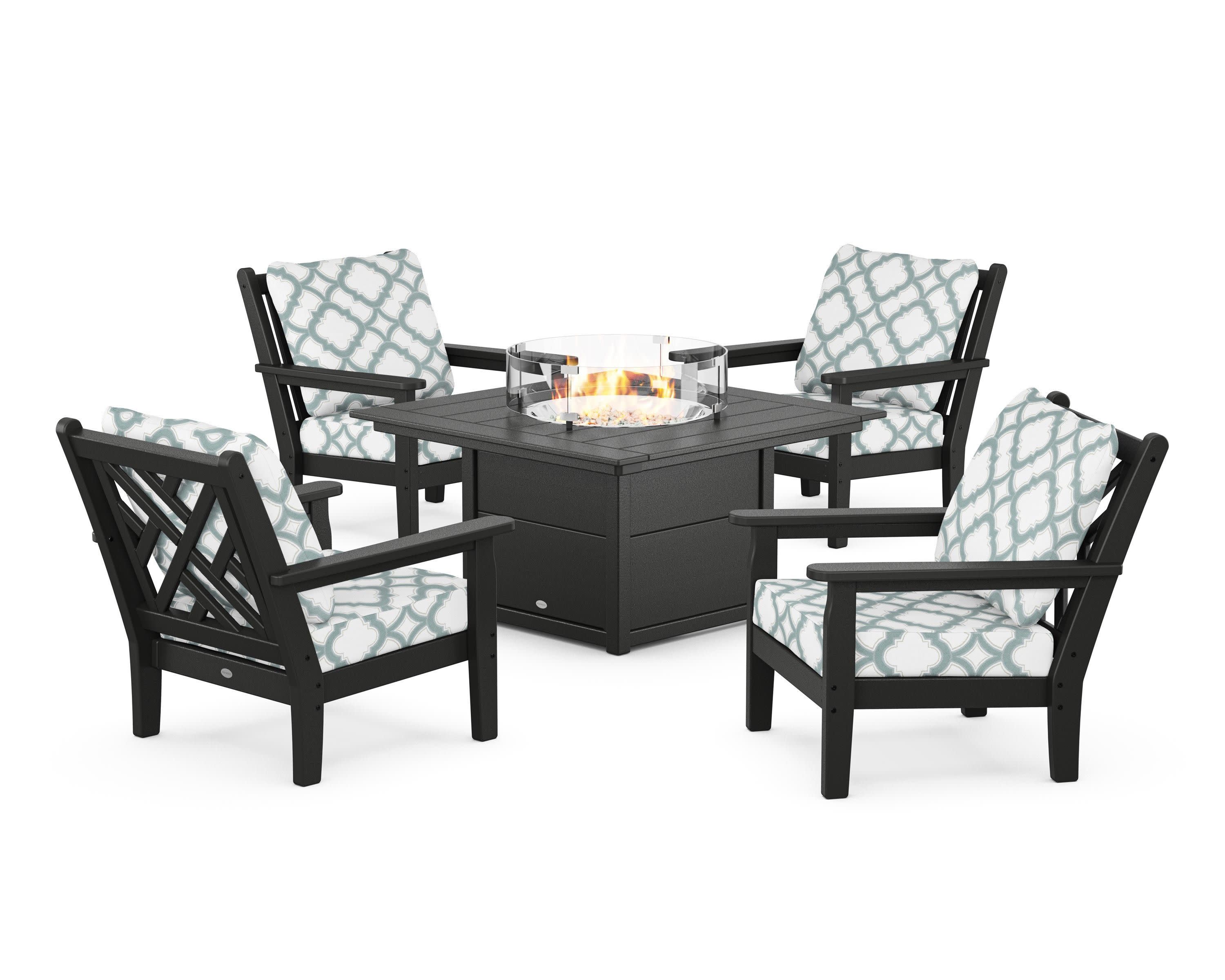 Chippendale 5-Piece Deep Seating Set with Fire Pit Table in Black / Trellis Glacier Spa