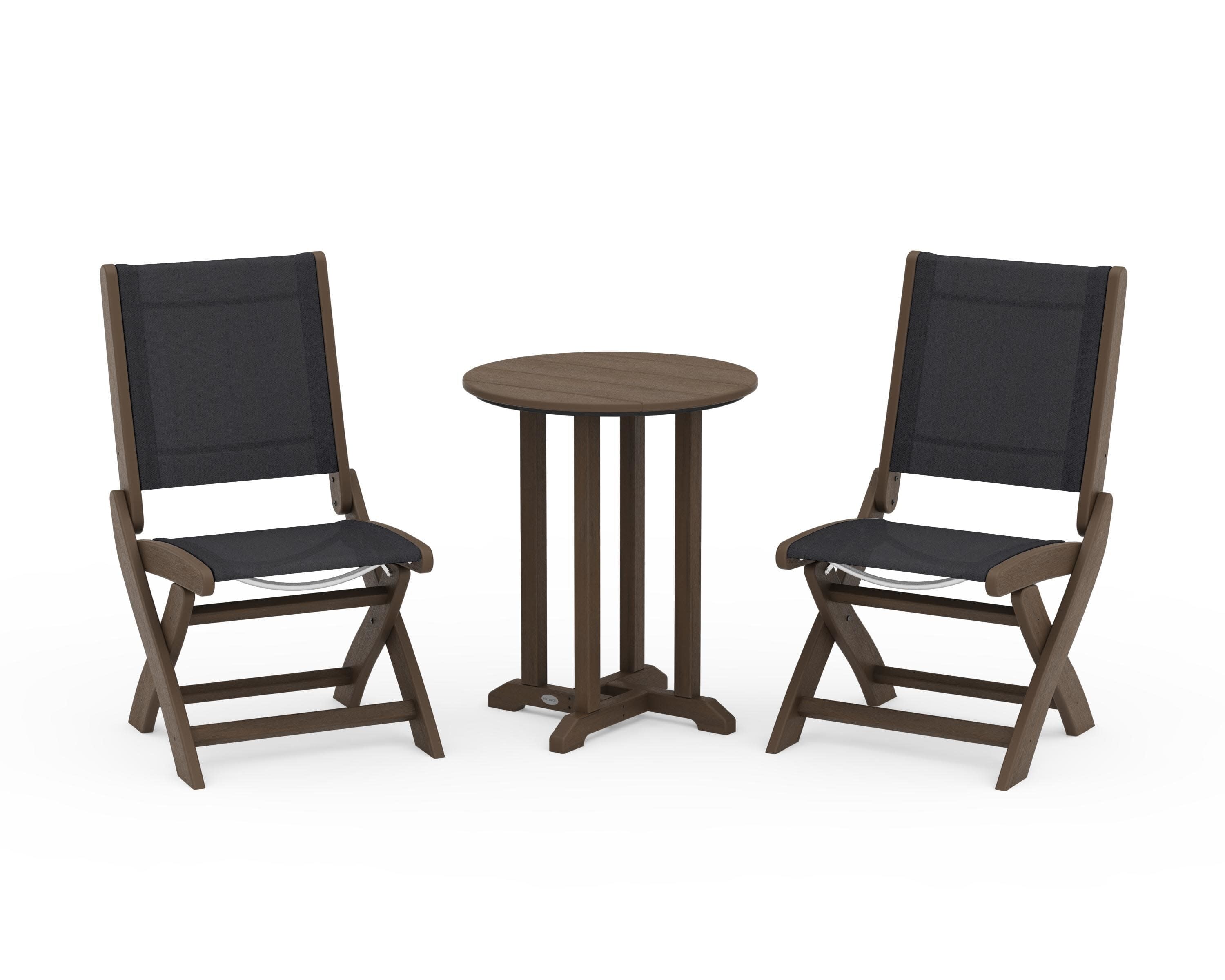 Coastal Folding Side Chair 3-Piece Round Bistro Dining Set in Kona / Black Sling