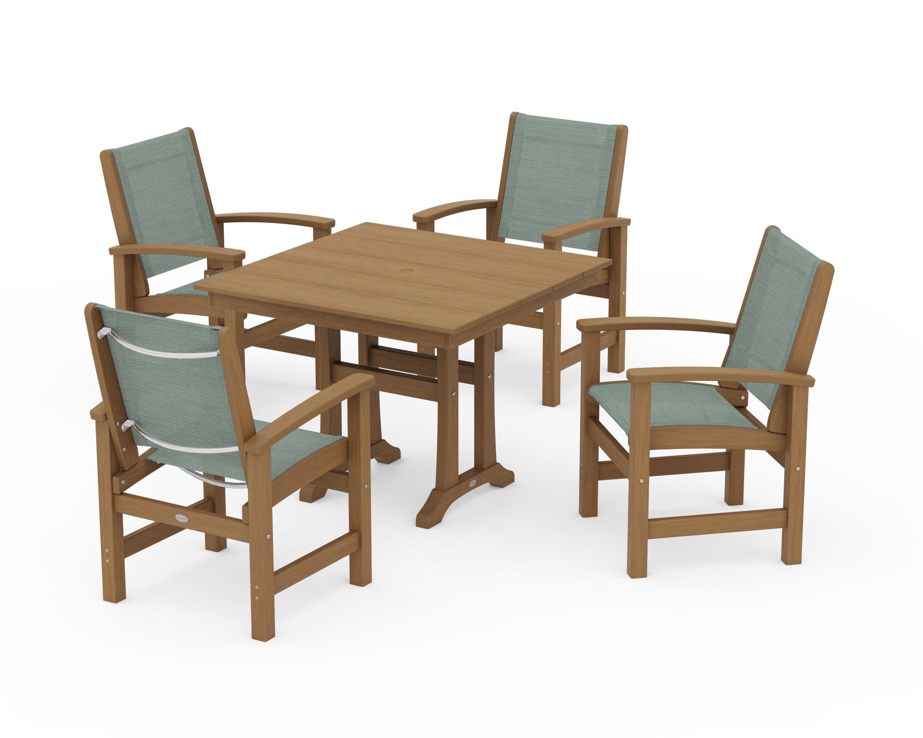 Coastal 5-Piece Farmhouse Dining Set With Trestle Legs in Natural / Dupioni Sea Mist Sling