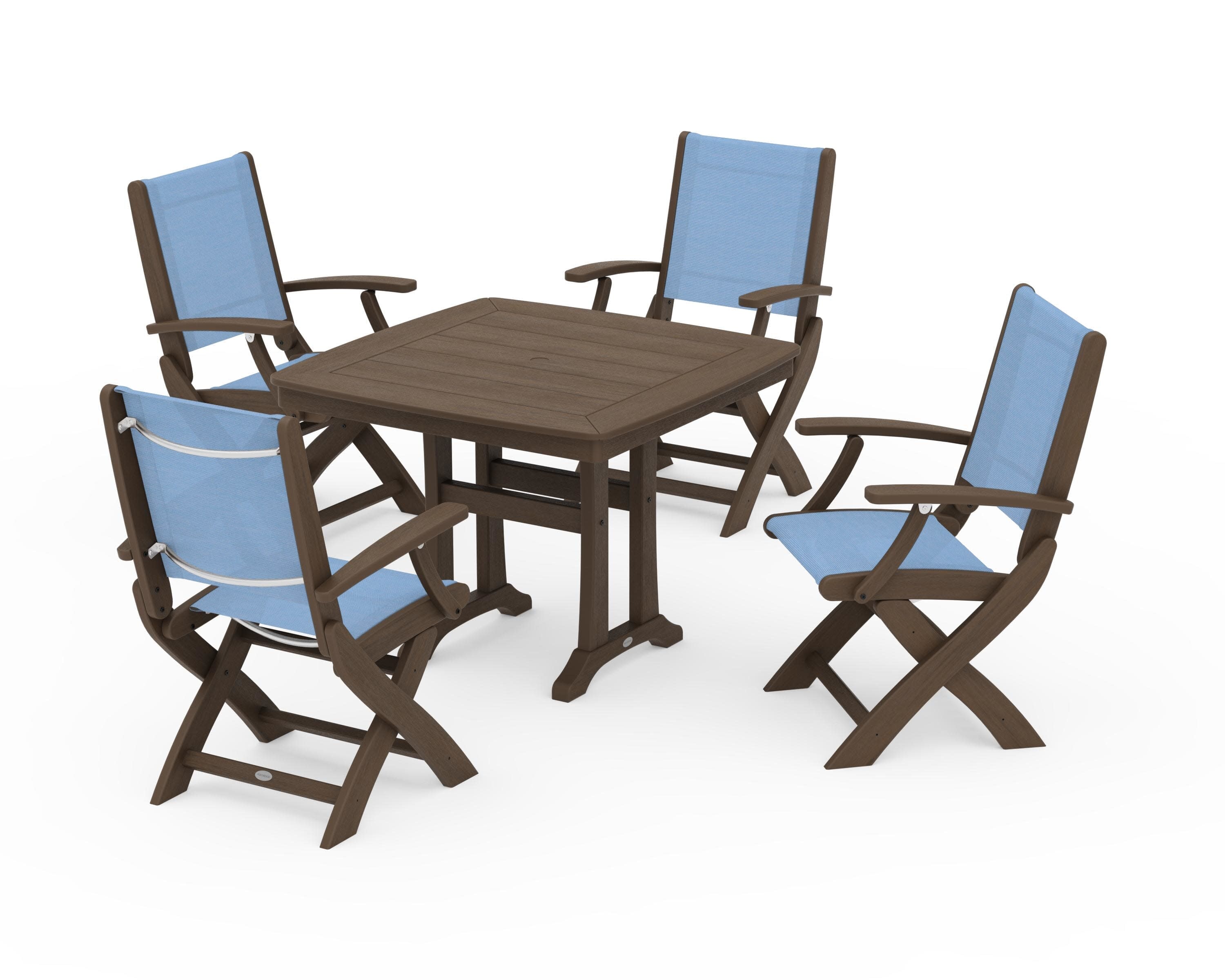 Coastal Folding Chair 5-Piece Dining Set with Trestle Legs in Kona / Poolside Sling