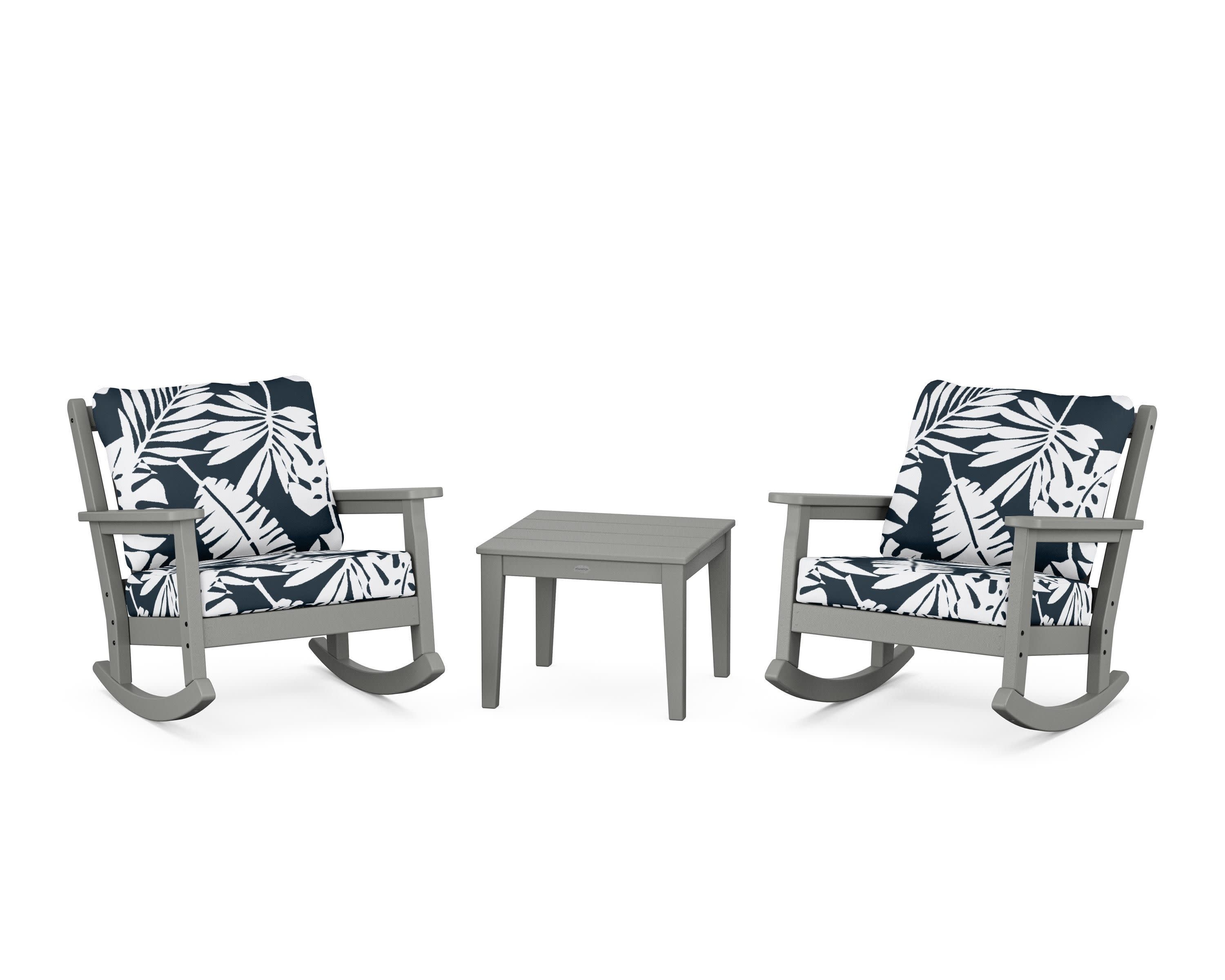 Chippendale 3-Piece Deep Seating Rocker Set in Slate Grey / Leaf Marine Indigo
