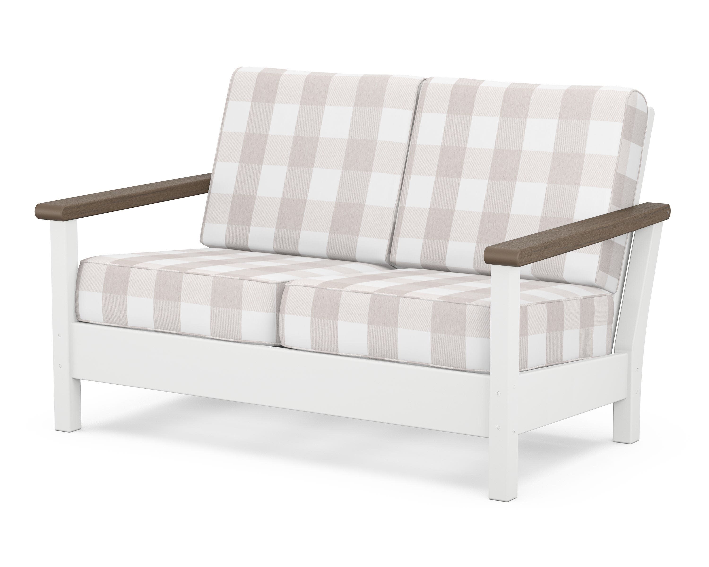 Harbour Deep Seating Loveseat in White / Kona / Buffalo Plaid Dune Burlap