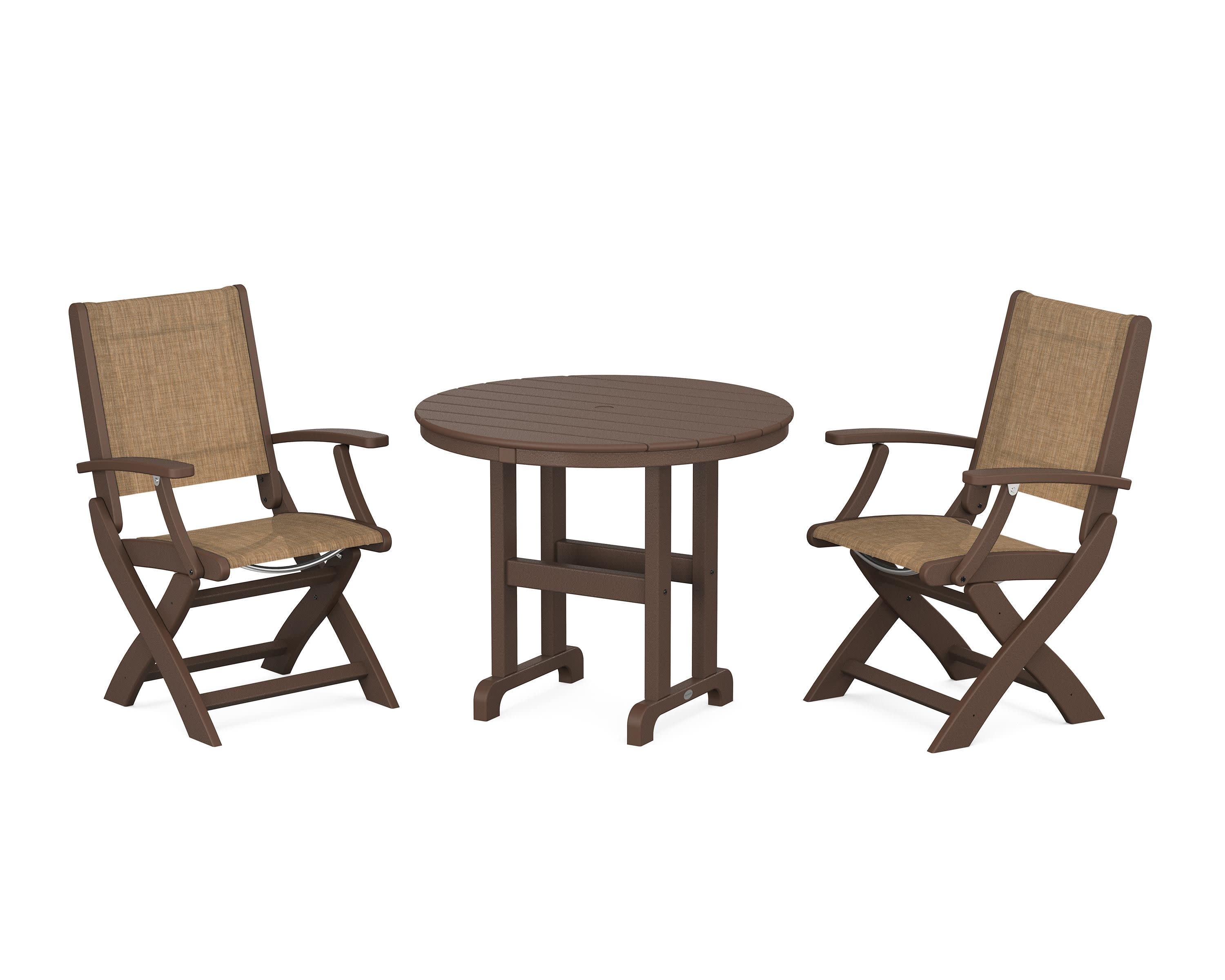 Coastal Folding Chair 3-Piece Round Dining Set in Mahogany / Burlap Sling