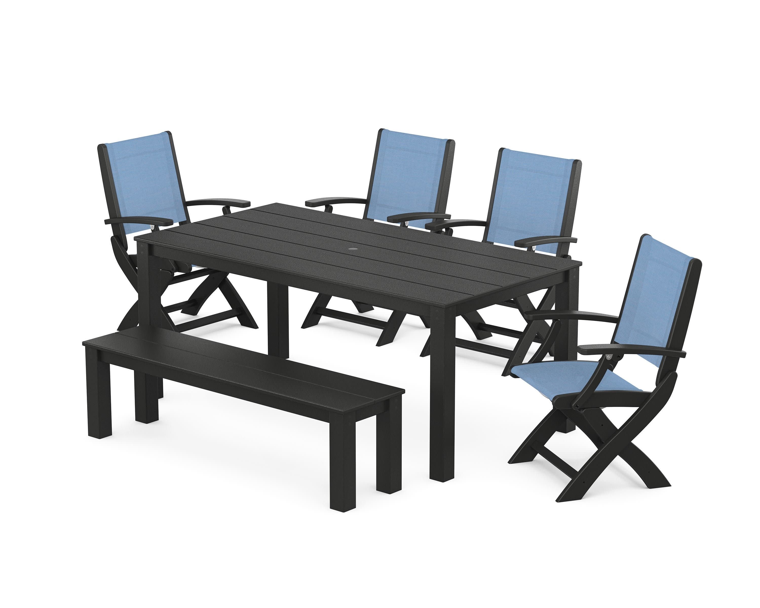 Coastal Folding Chair 6-Piece Parsons Dining Set with Bench in Black / Poolside Sling
