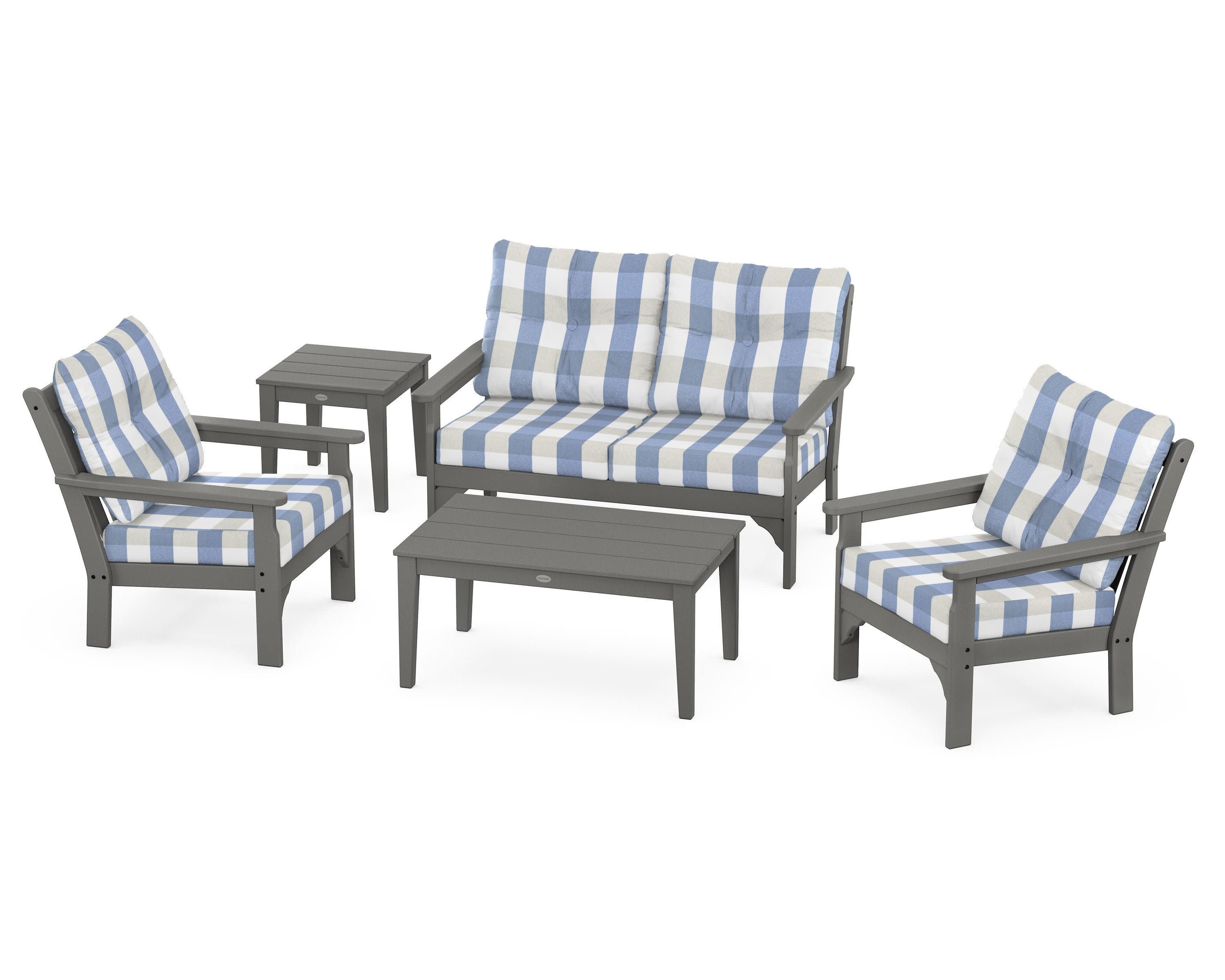 Vineyard 5-Piece Deep Seating Set in Slate Grey / Buffalo Plaid Sky Blue