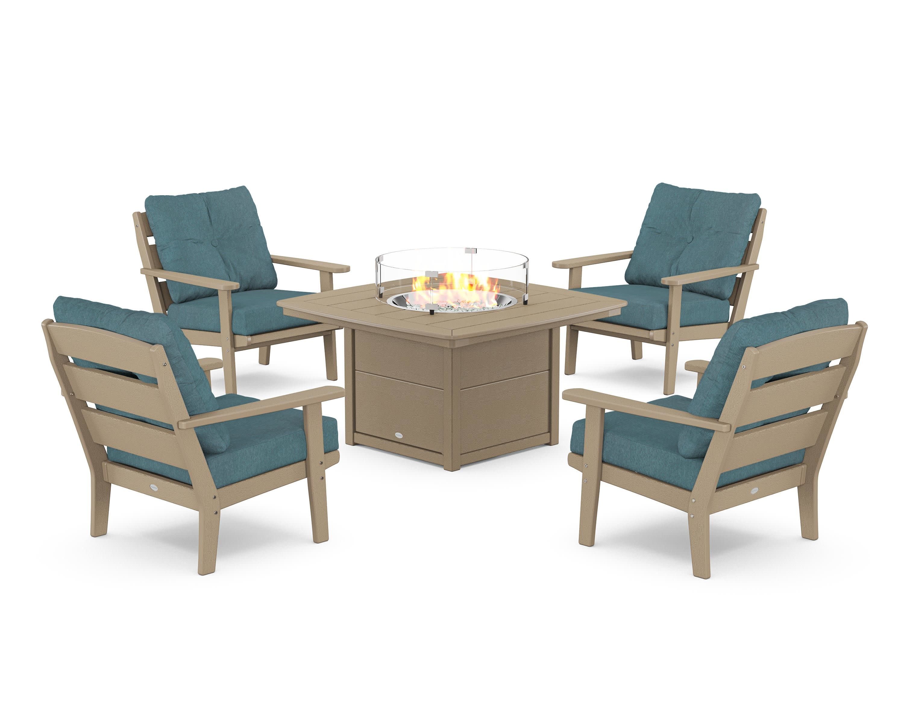 Lakeside 5-Piece Deep Seating Set with Nautical Fire Pit Table in Vintage Sahara / Ocean Teal