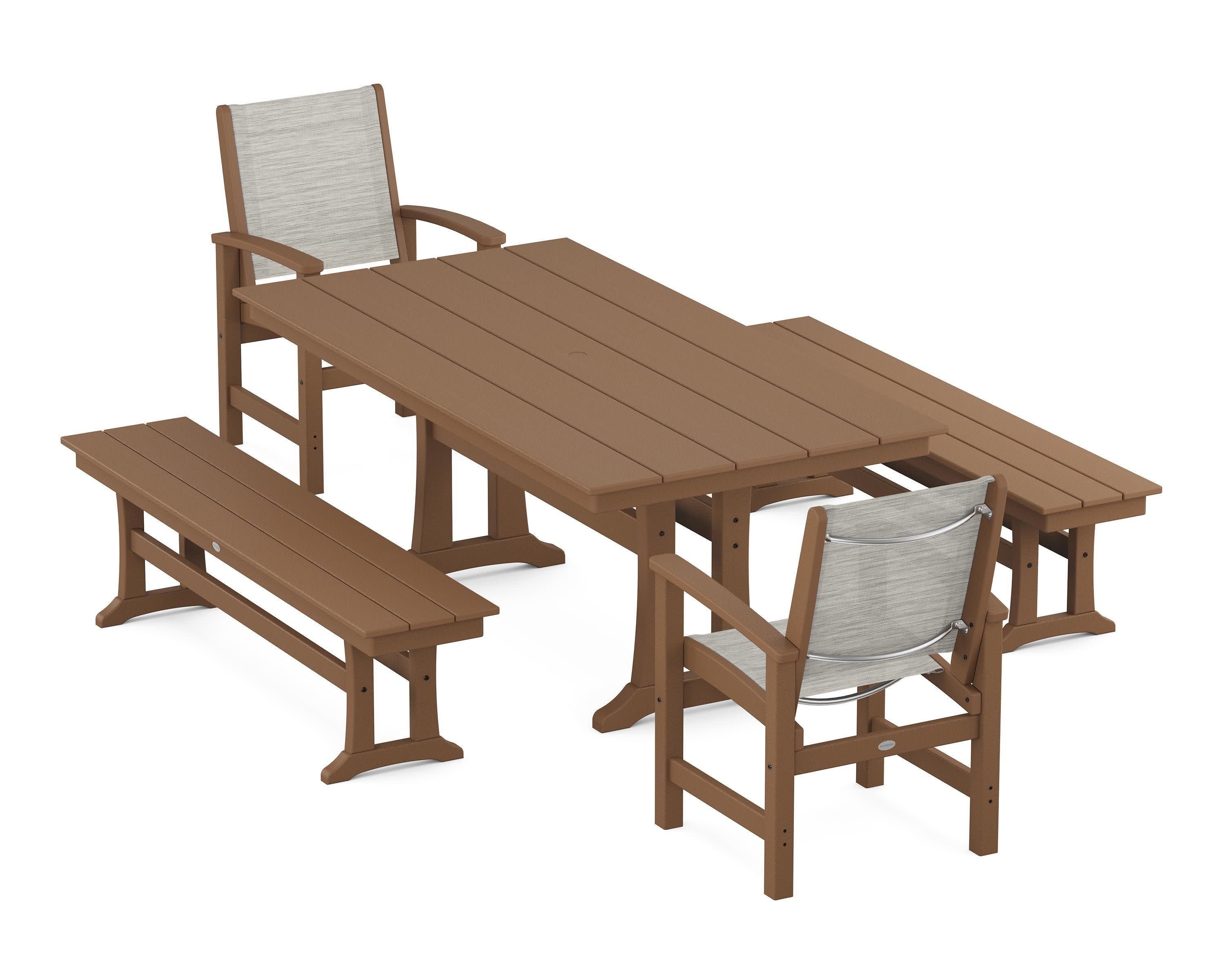 Coastal 5-Piece Farmhouse Dining Set with Trestle Legs and Benches in Teak / Birch Sling
