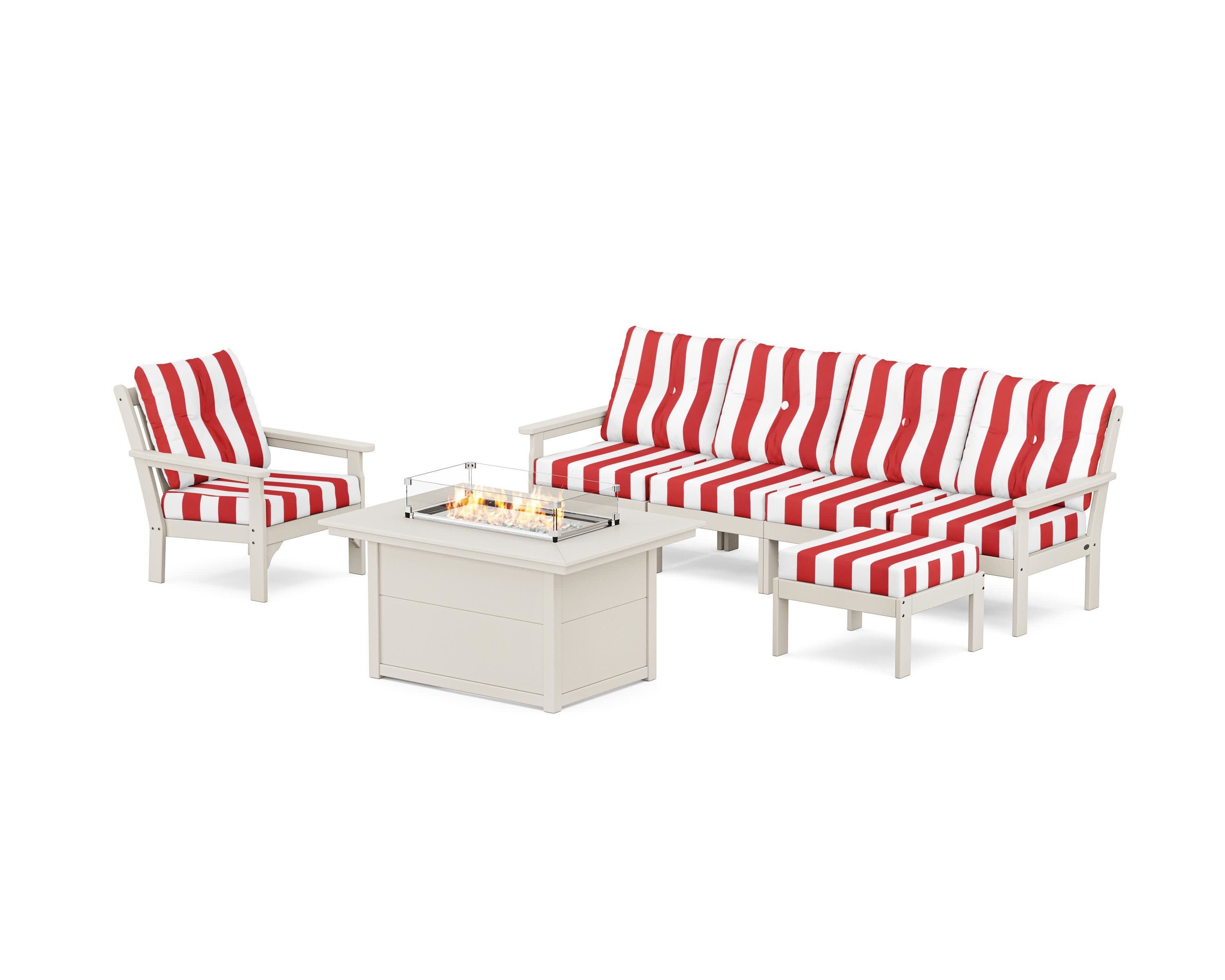 Vineyard Sectional Lounge and Fire Pit Set in Sand / Cabana Stripe Crimson