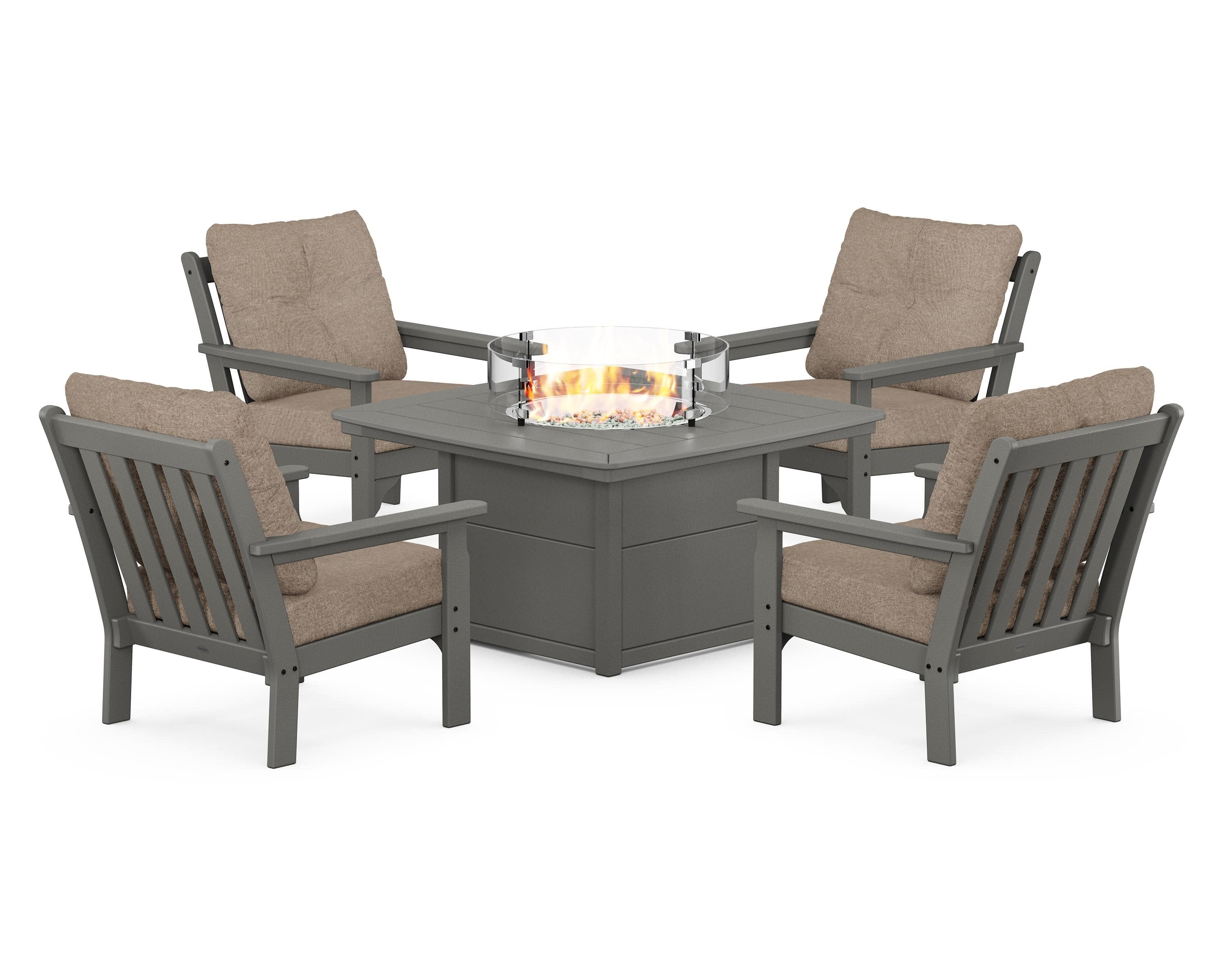 Vineyard 5-Piece Conversation Set with Fire Pit Table in Slate Grey / Spiced Burlap