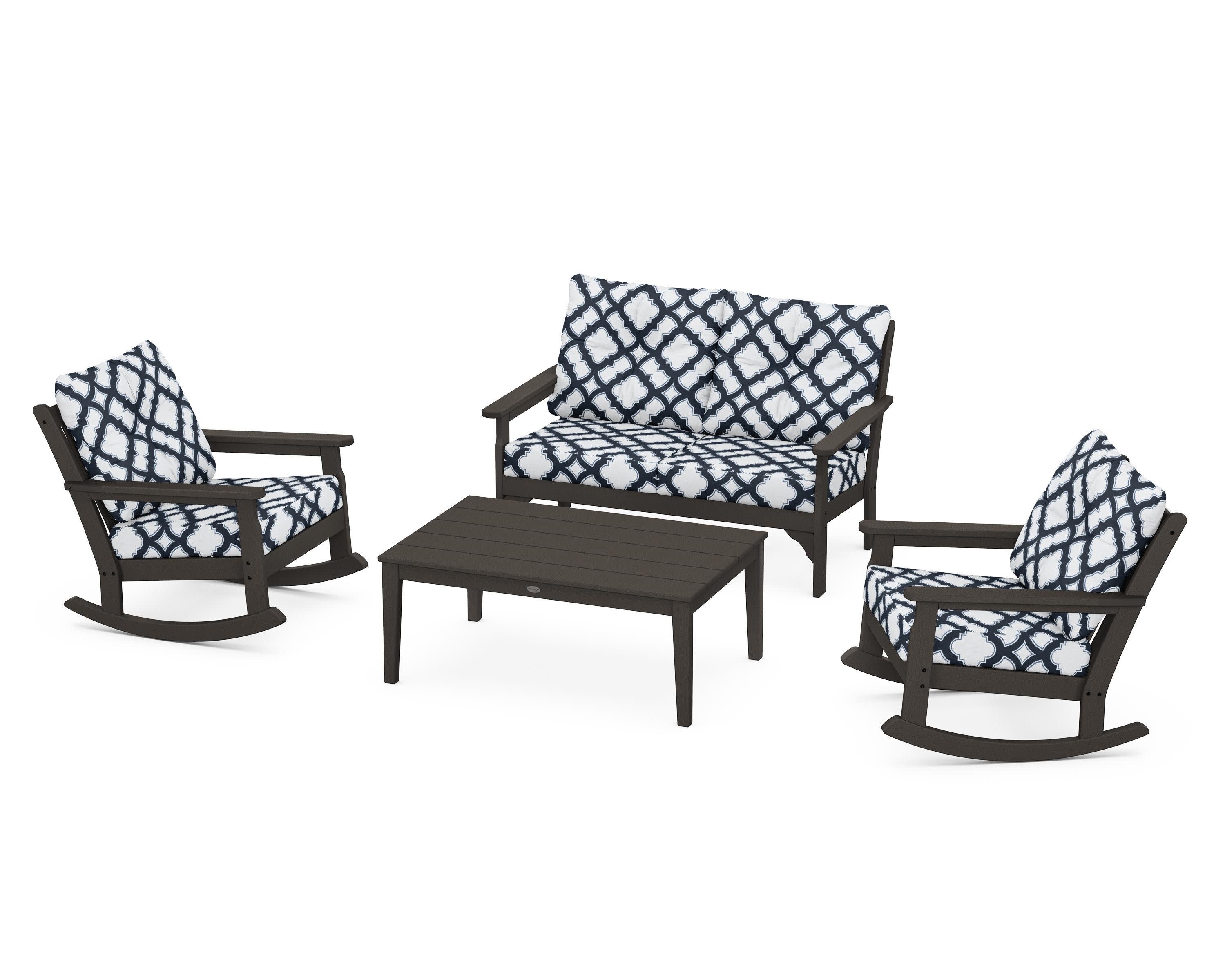Vineyard 4-Piece Deep Seating Rocking Chair Set in Vintage Coffee / Trellis Marine Indigo