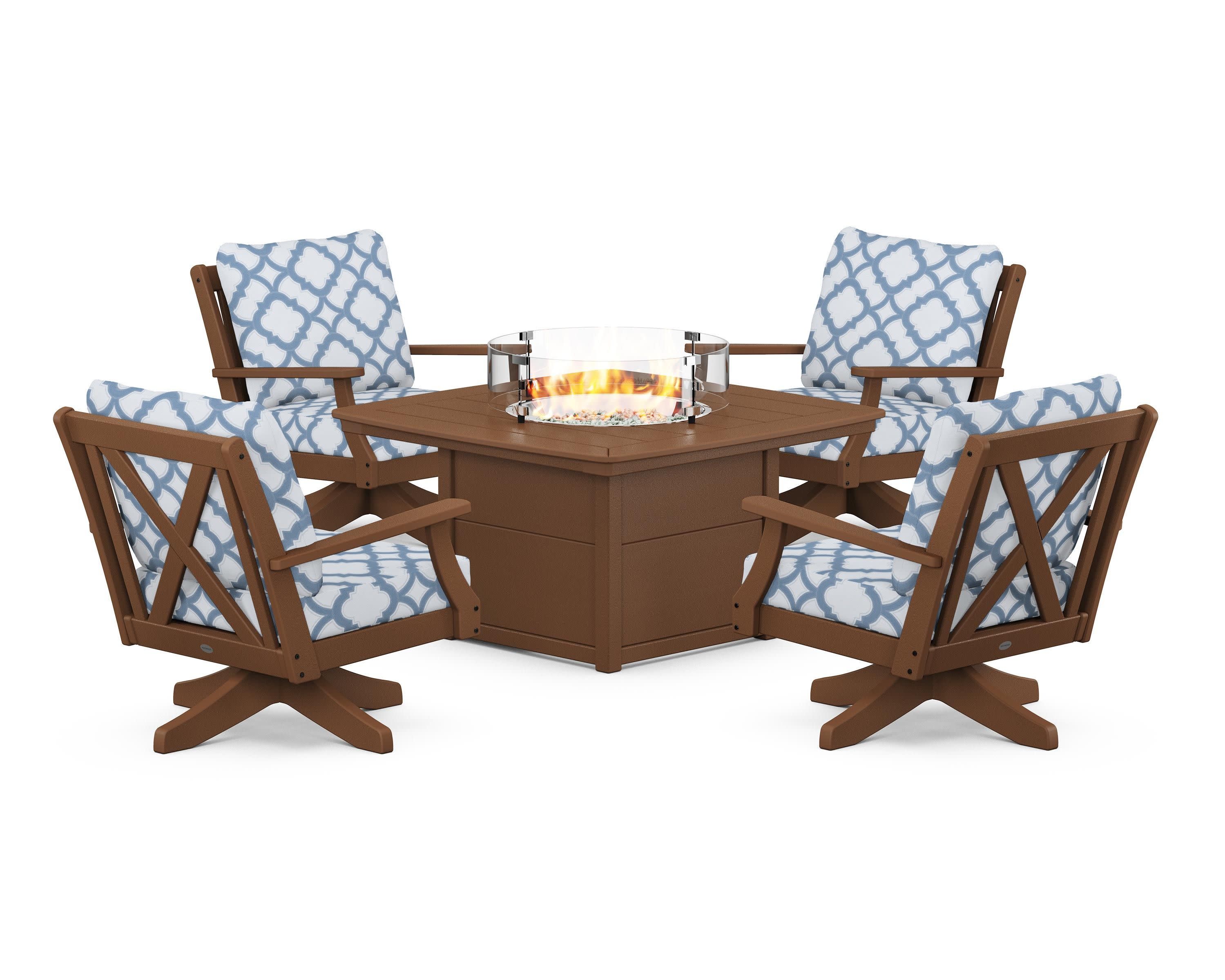 Braxton 5-Piece Deep Seating Swivel Conversation Set with Fire Pit Table in Teak / Trellis Sky Blue
