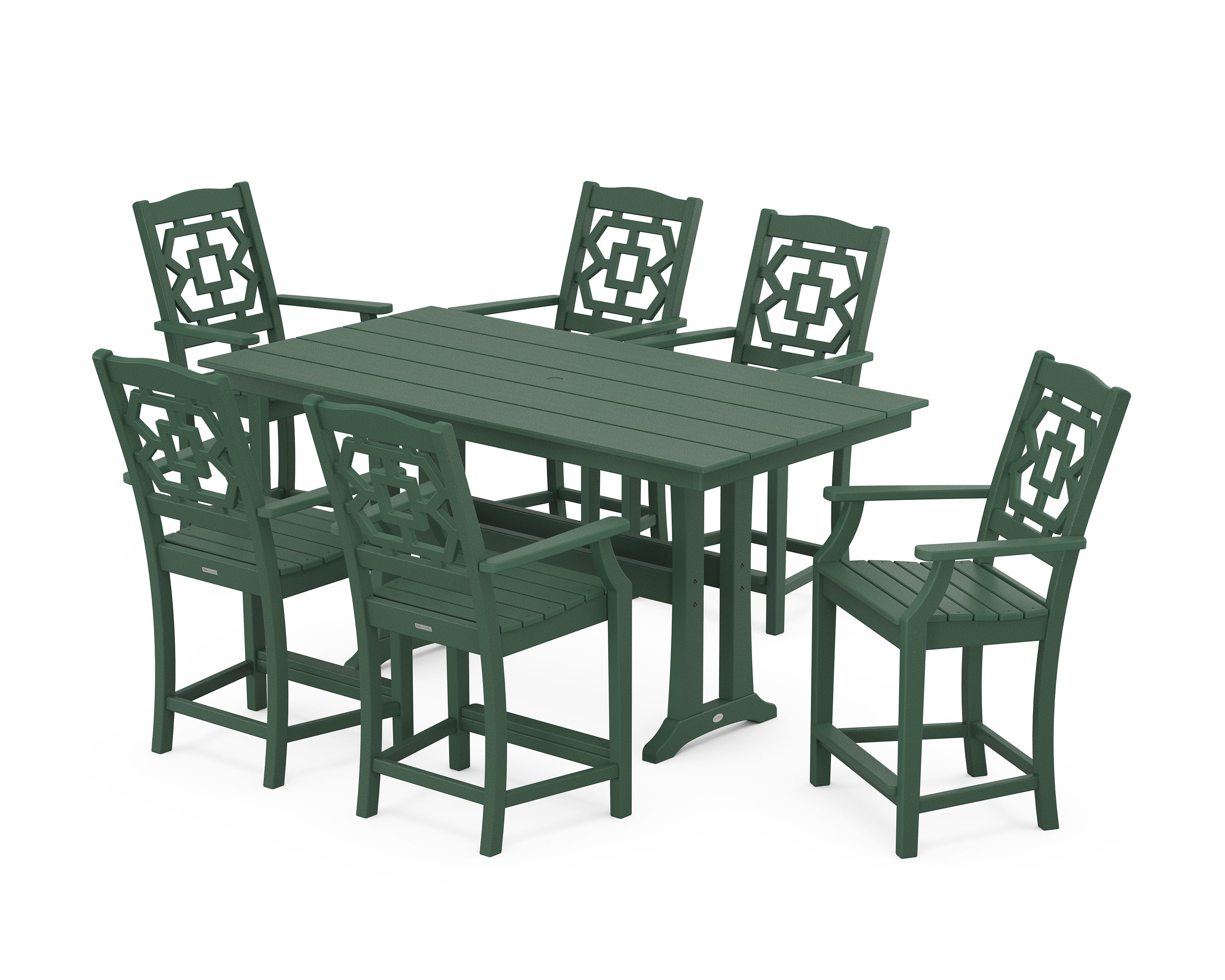 Chinoiserie Arm Chair 7-Piece Farmhouse Counter Set with Trestle Legs in Green