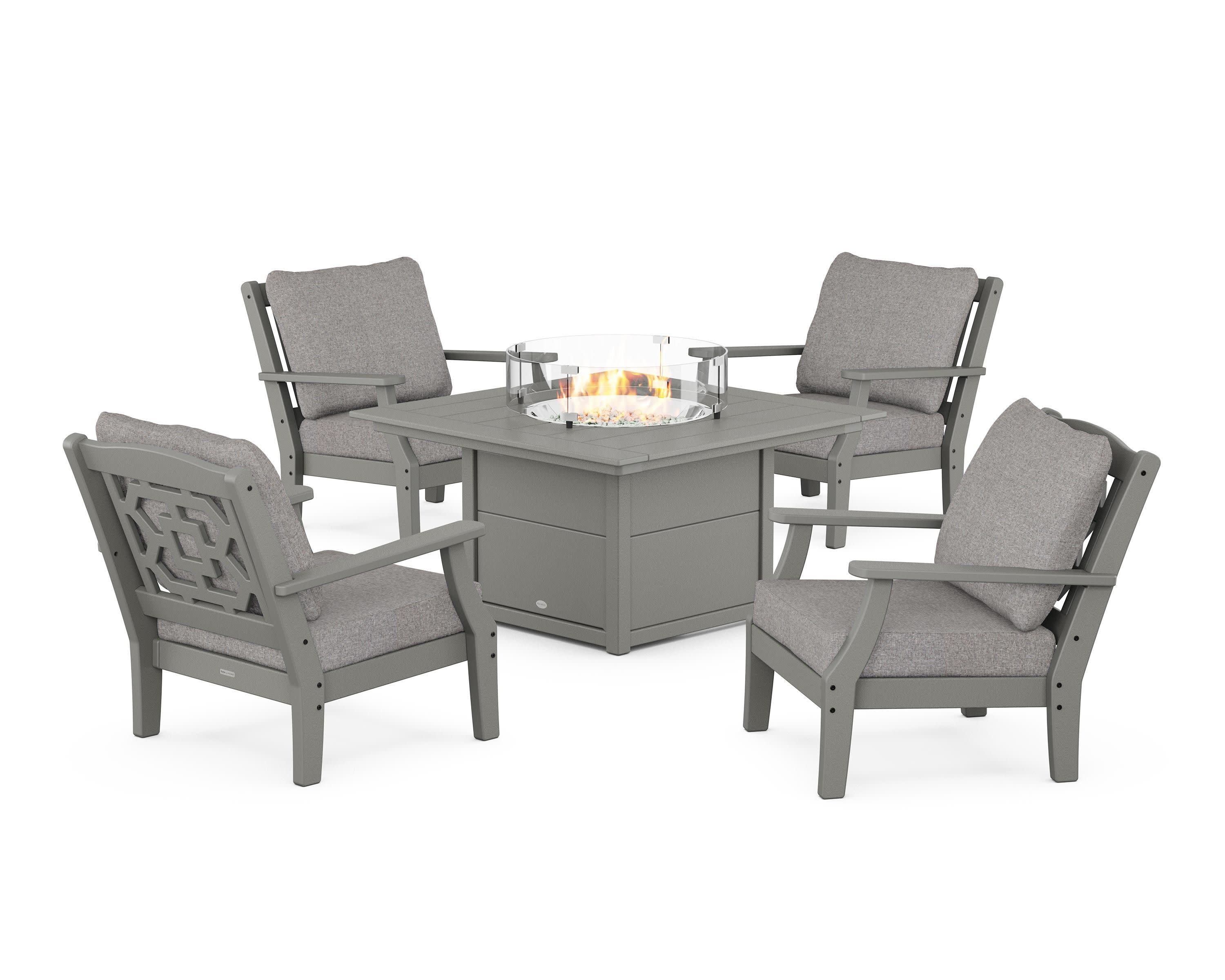 Chinoiserie 5-Piece Deep Seating Set with Fire Pit Table in Slate Grey / Grey Mist
