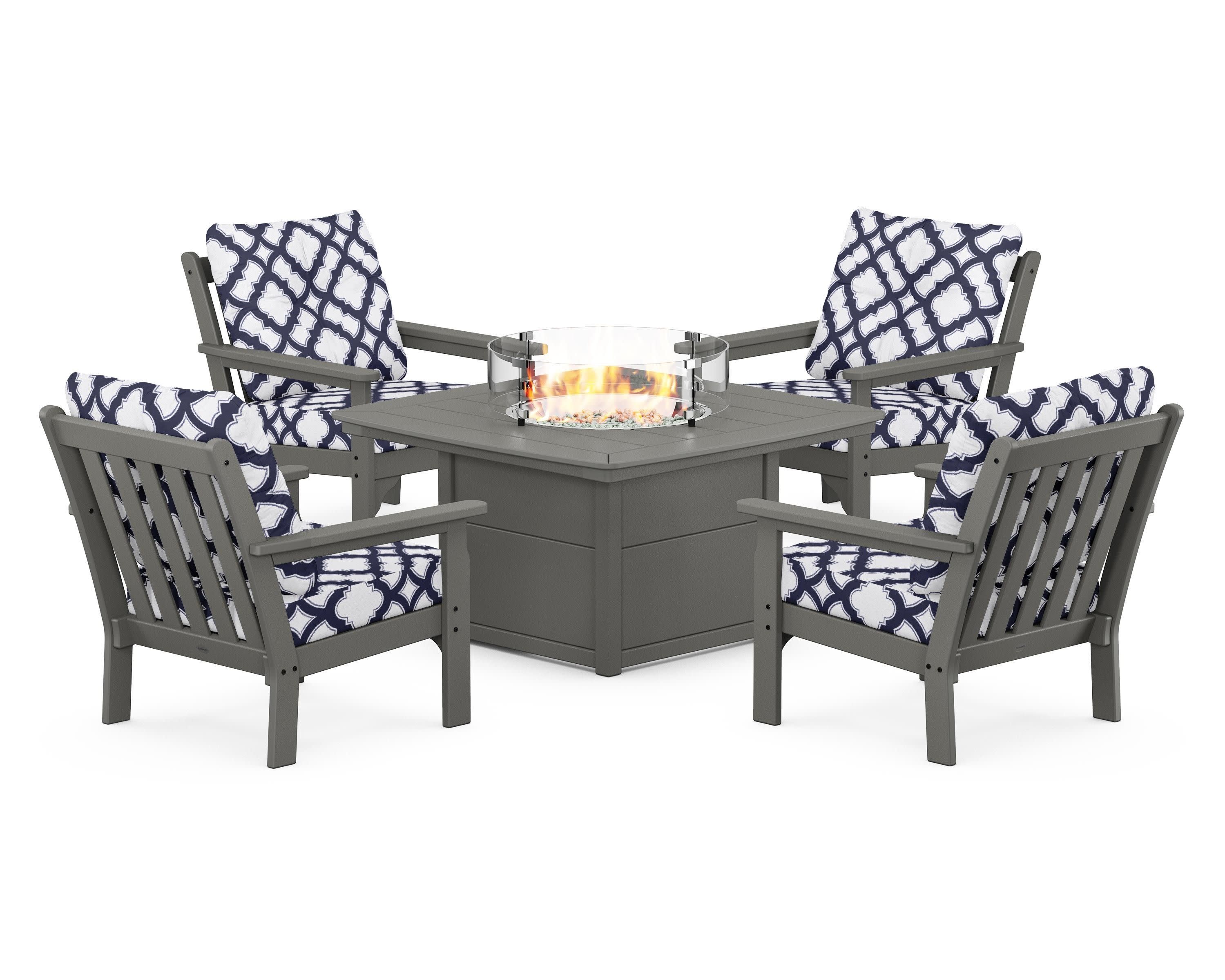 Vineyard 5-Piece Conversation Set with Fire Pit Table in Slate Grey / Trellis Navy