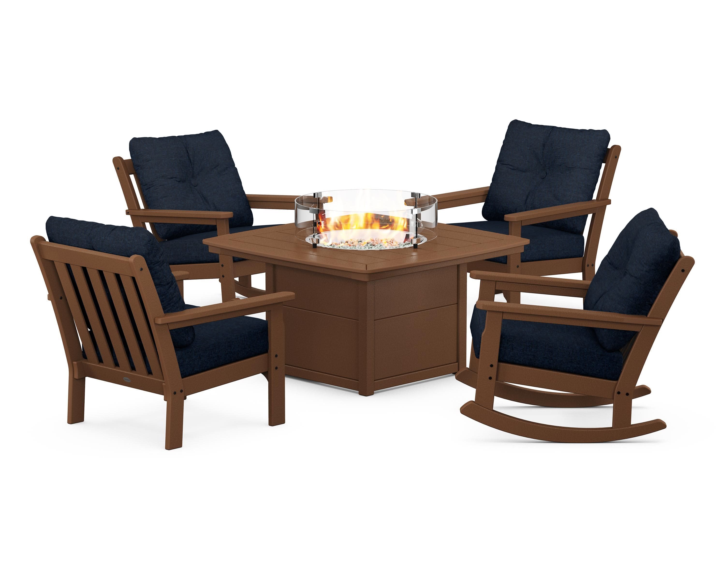 Vineyard 5-Piece Deep Seating Rocking Chair Conversation Set with Fire Pit Table in Teak / Marine Indigo